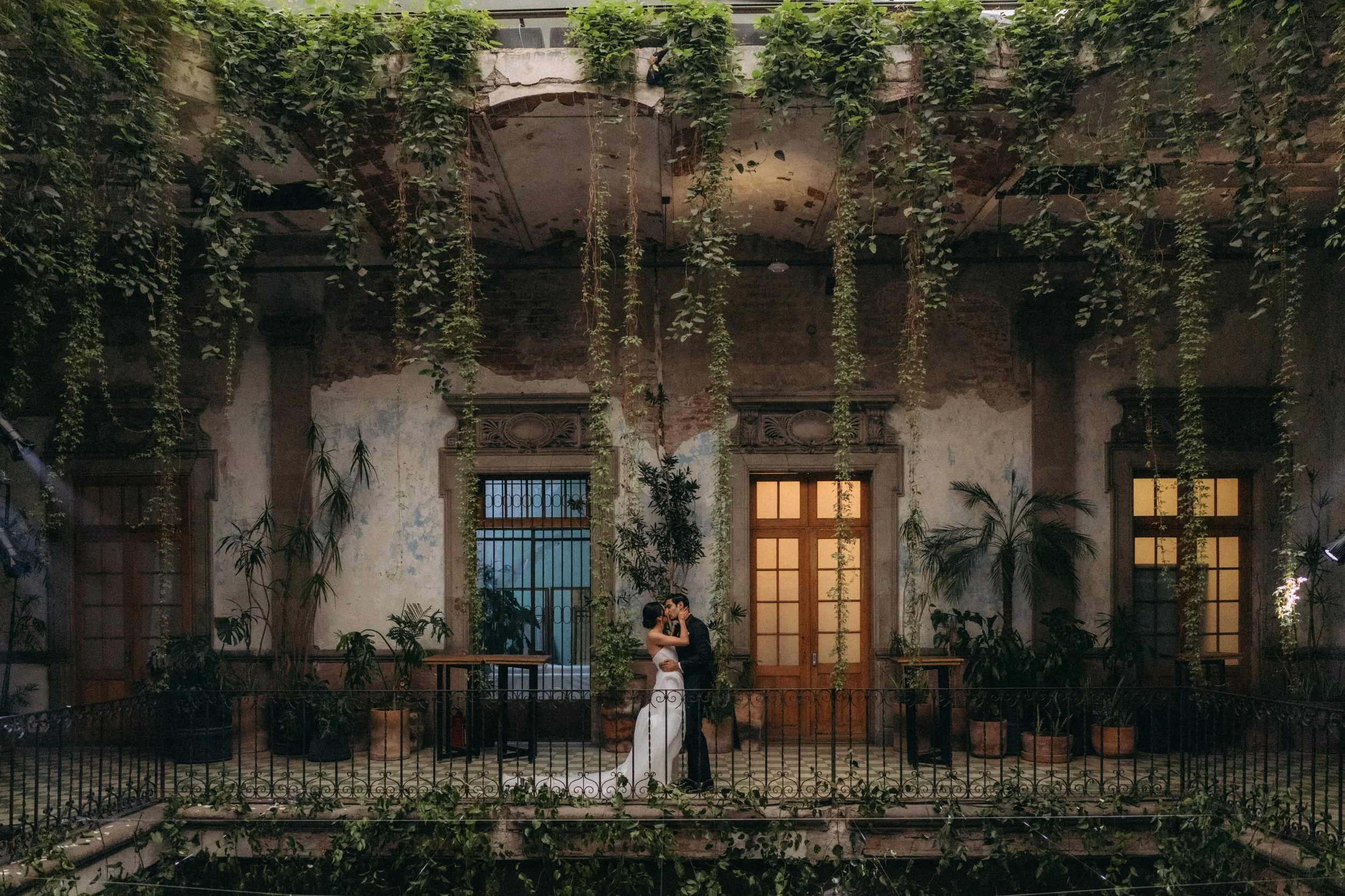 A couple in wedding attire sharing an intimate moment in a lush, vintage-style indoor garden with hanging plants, tall potted plants, and large windows.