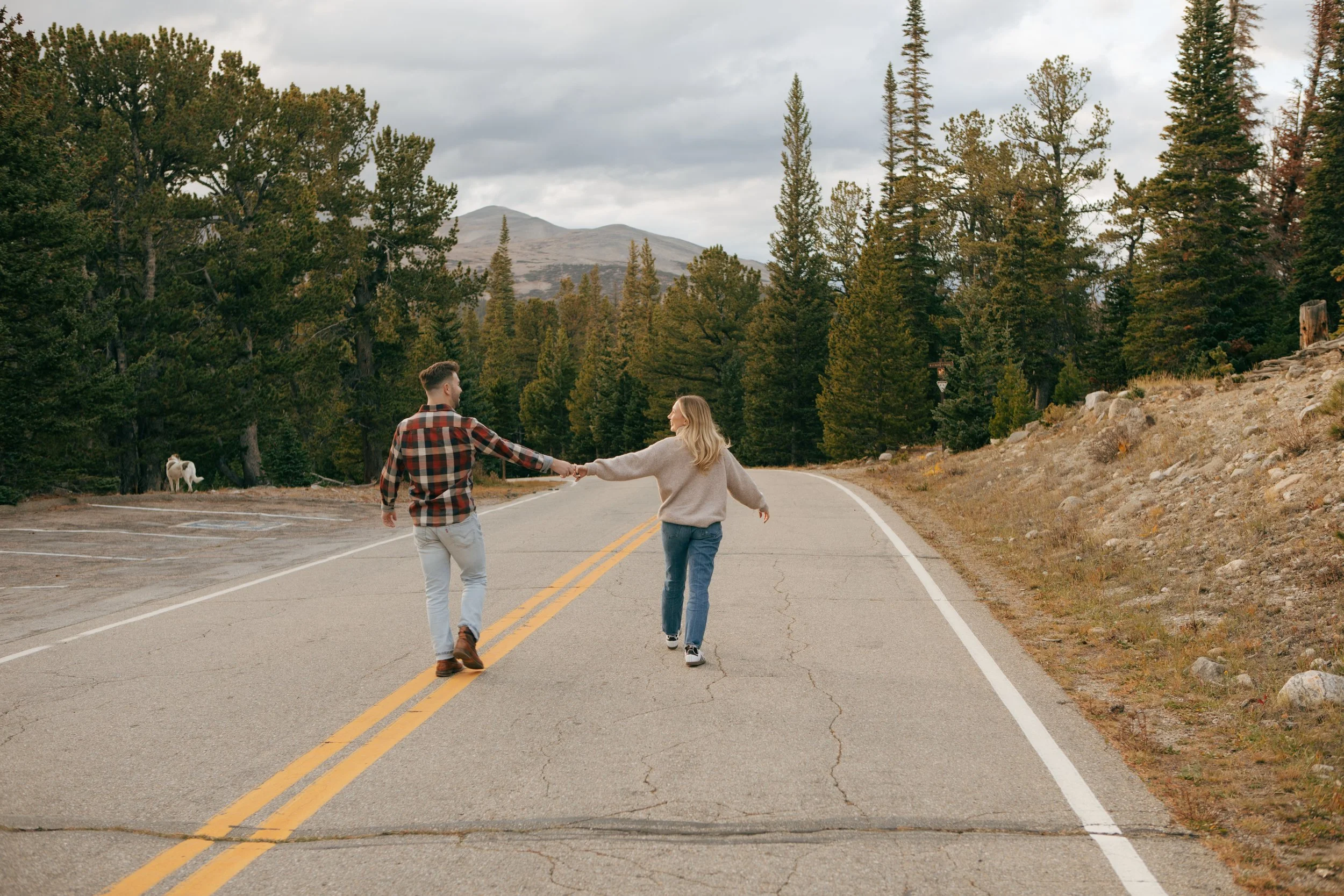 A young man and woman walking hand in hand on a rural road surrounded by trees and mountains, with a dog following behind them.
