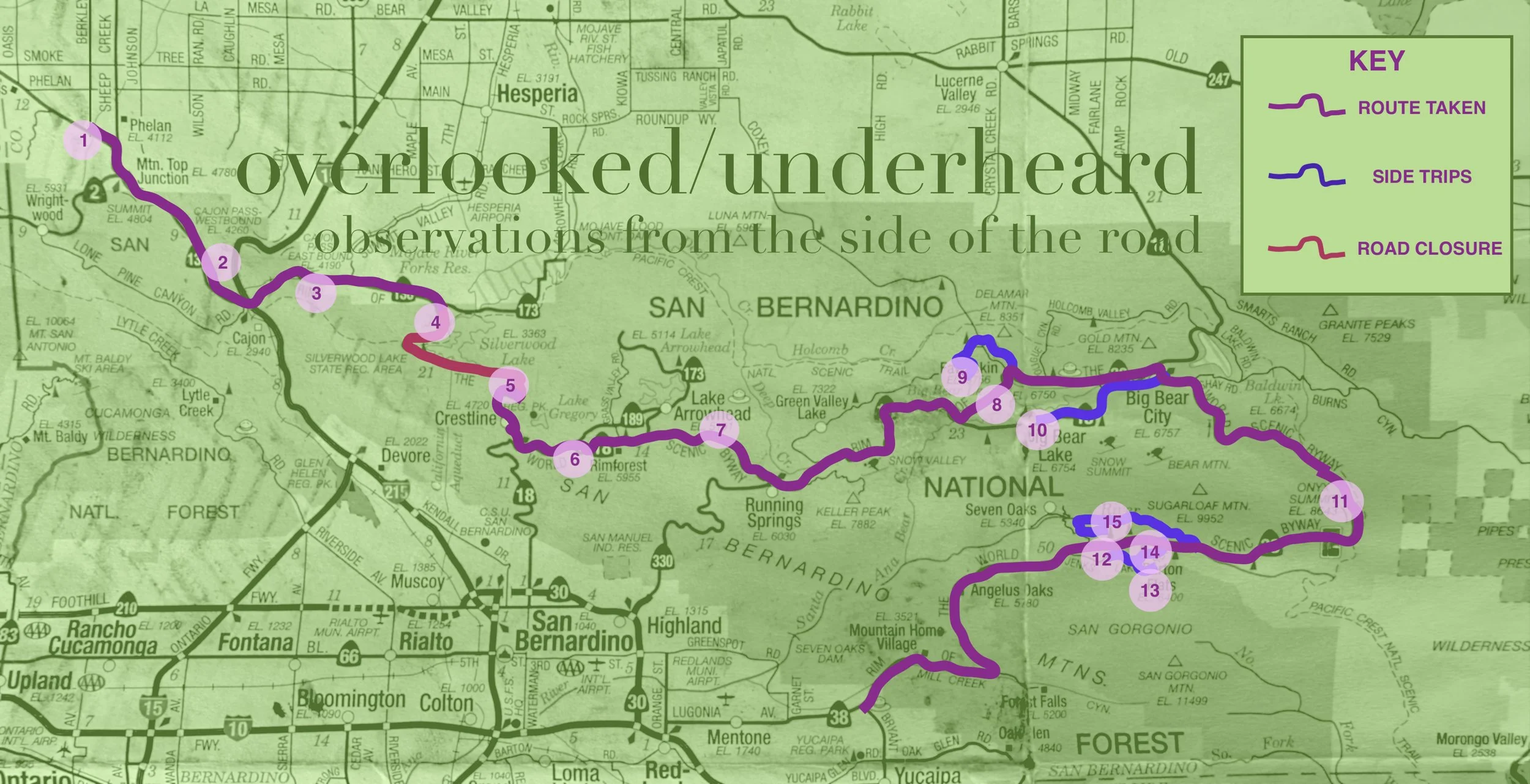 An image of a green map with a key numbering places along the road.