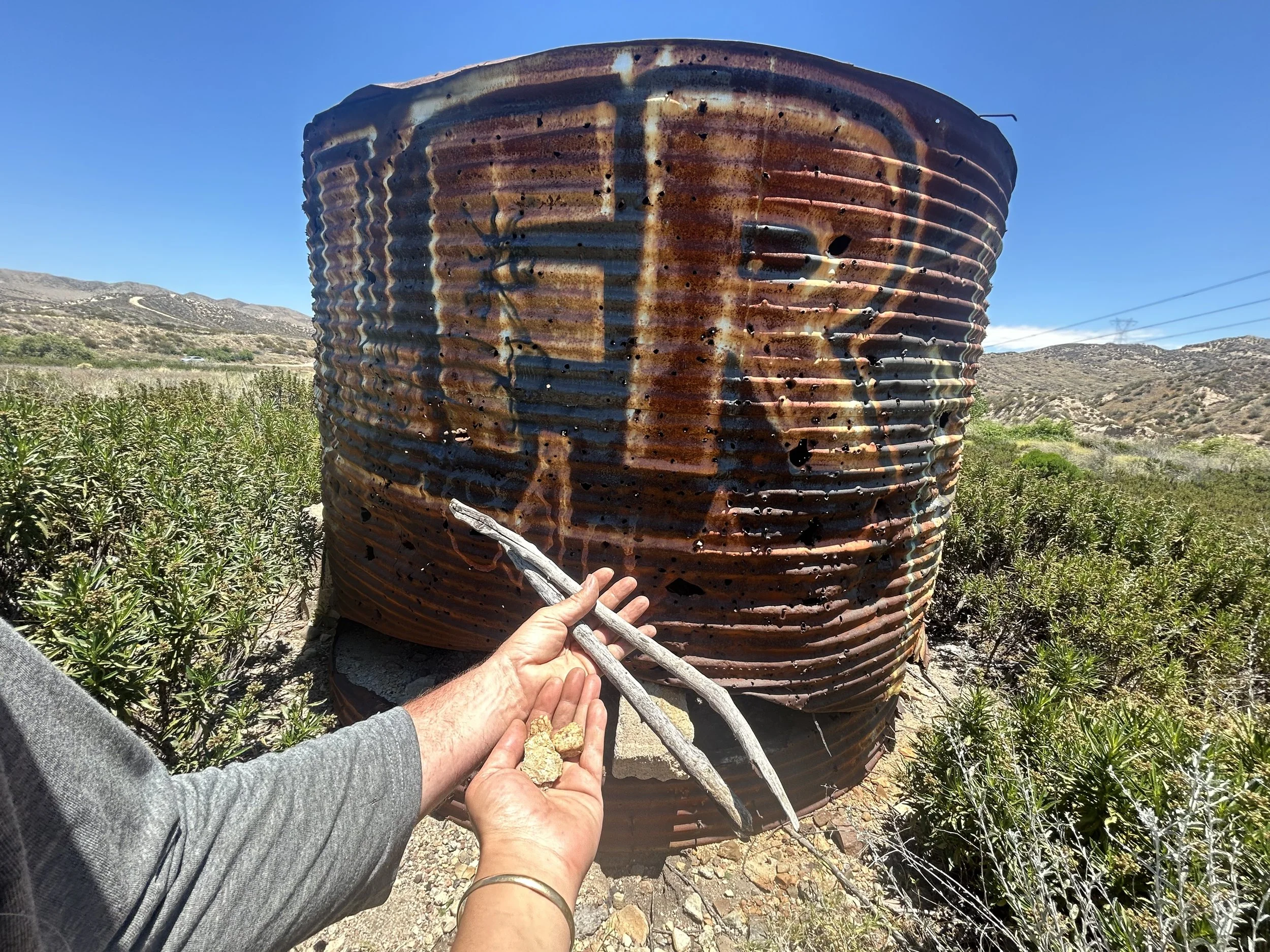 Two hands, one holds rocks, the other holds sticks in front of a rusty steel silo that has LFR spray painted on it.