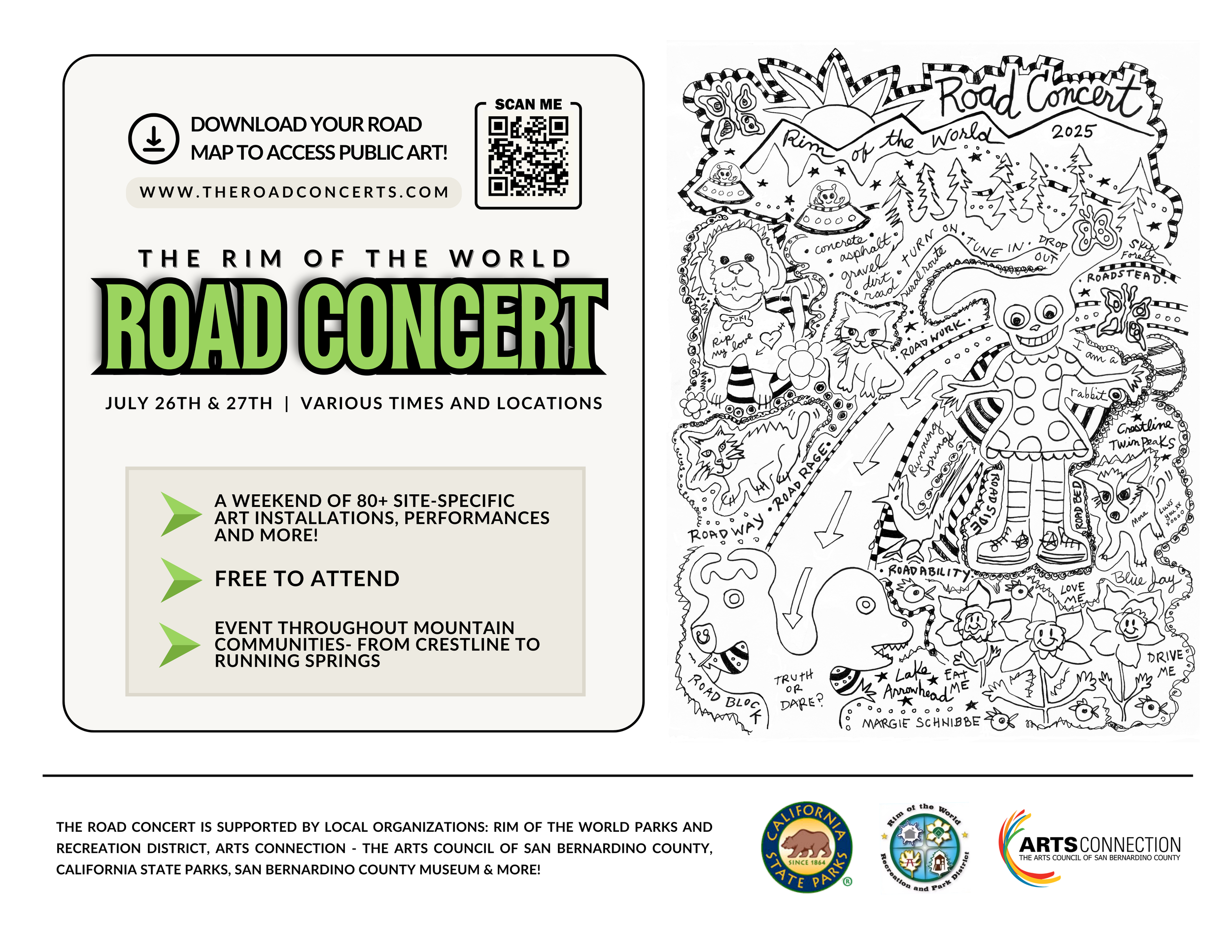 A flyer that leads to a map to access public art for the Rim of the World Road Concert. July 26 & 27