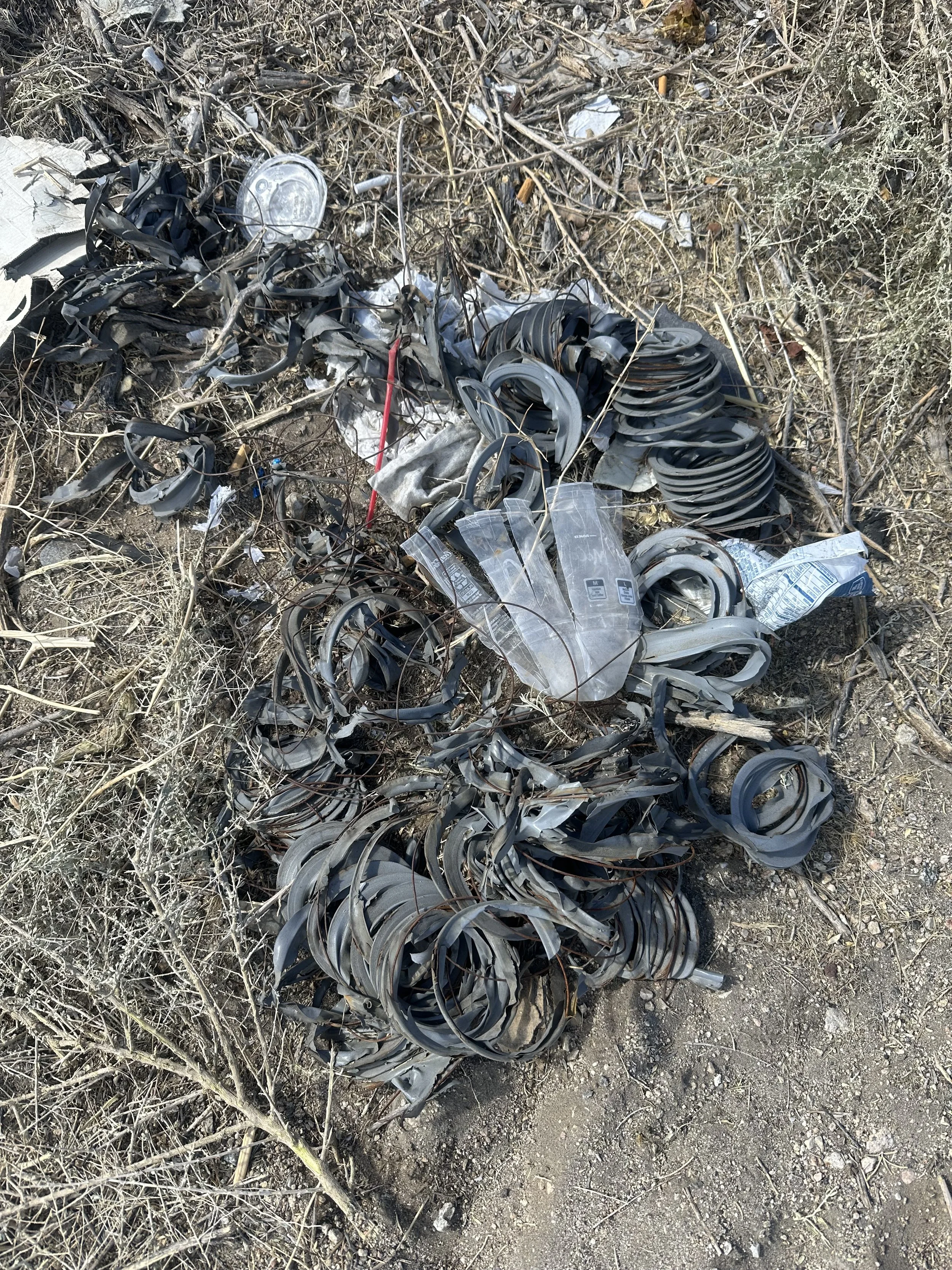 Shredded vent hose, plastic fast food cup, red straw, snack wrapper, cardboard, cigarette butts, on flattened saltbush branches.