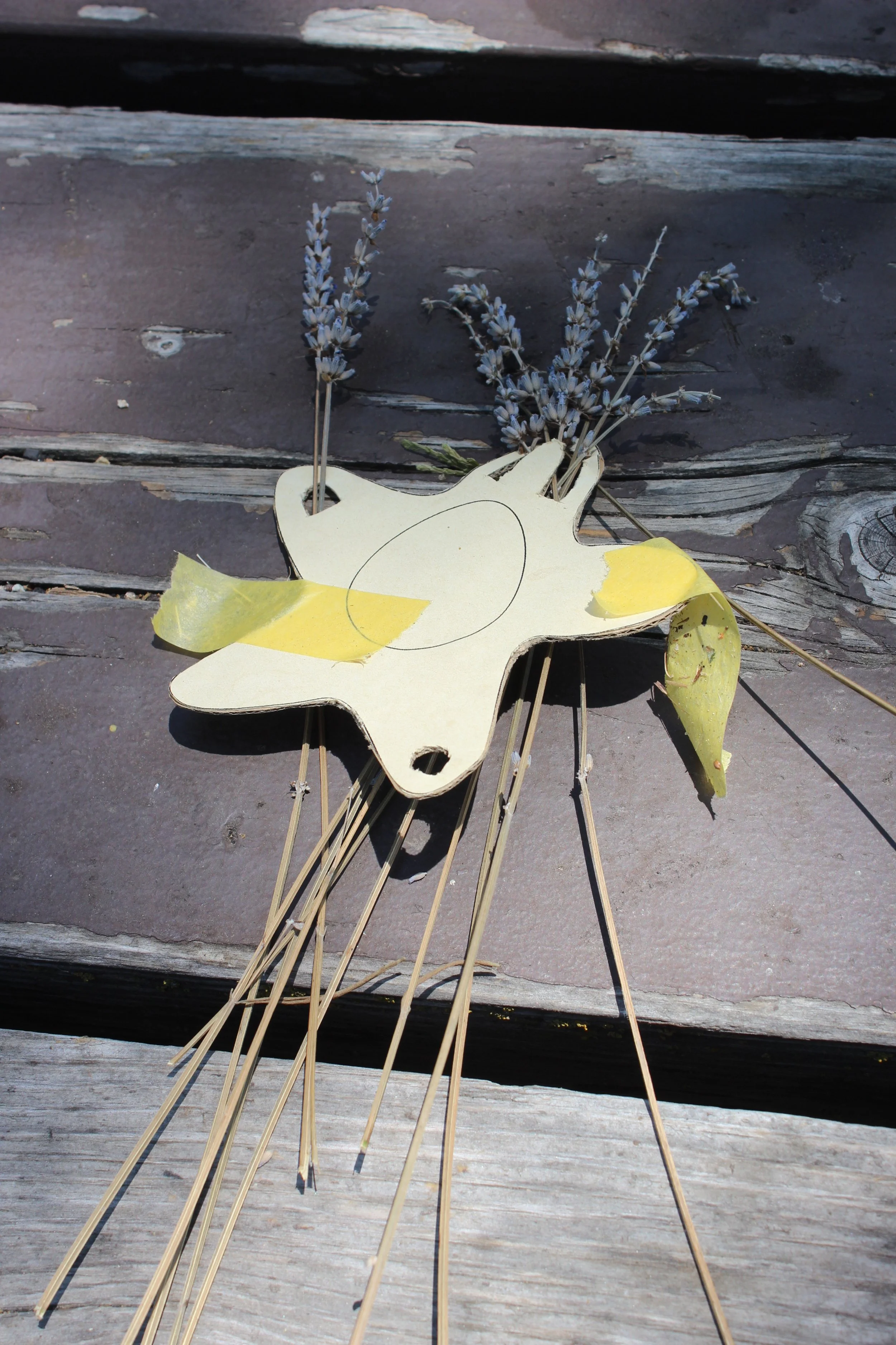 A found sculpture of a paper star with yellow tape and lavender sprigs set on a picnic table.