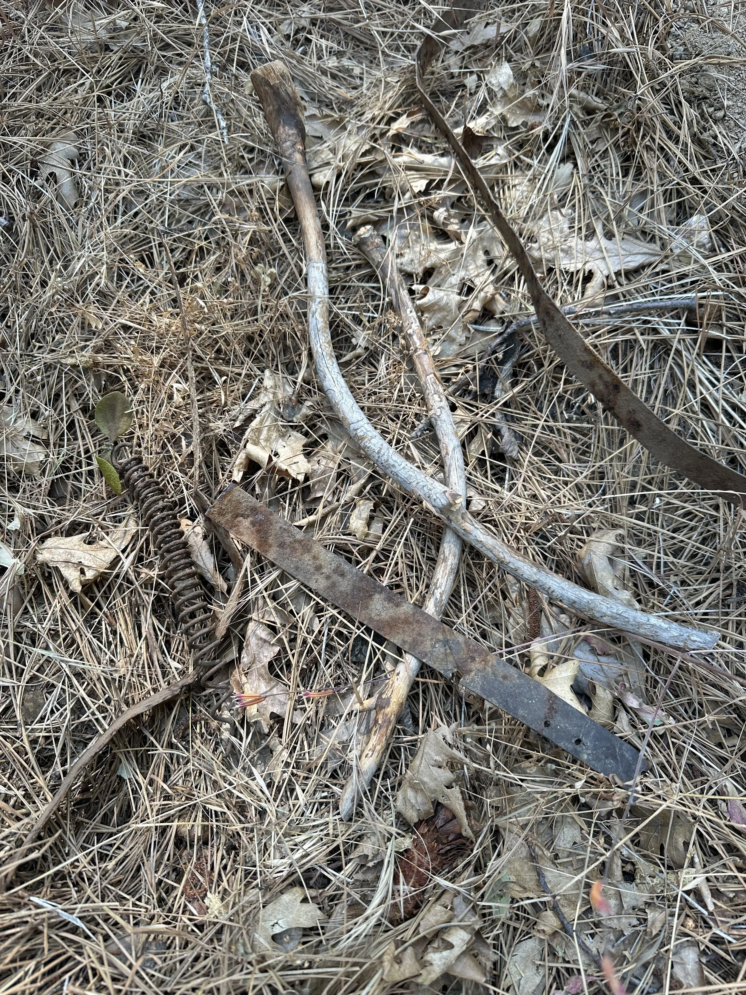 An arrangement of sticks and rusty metal in a field.