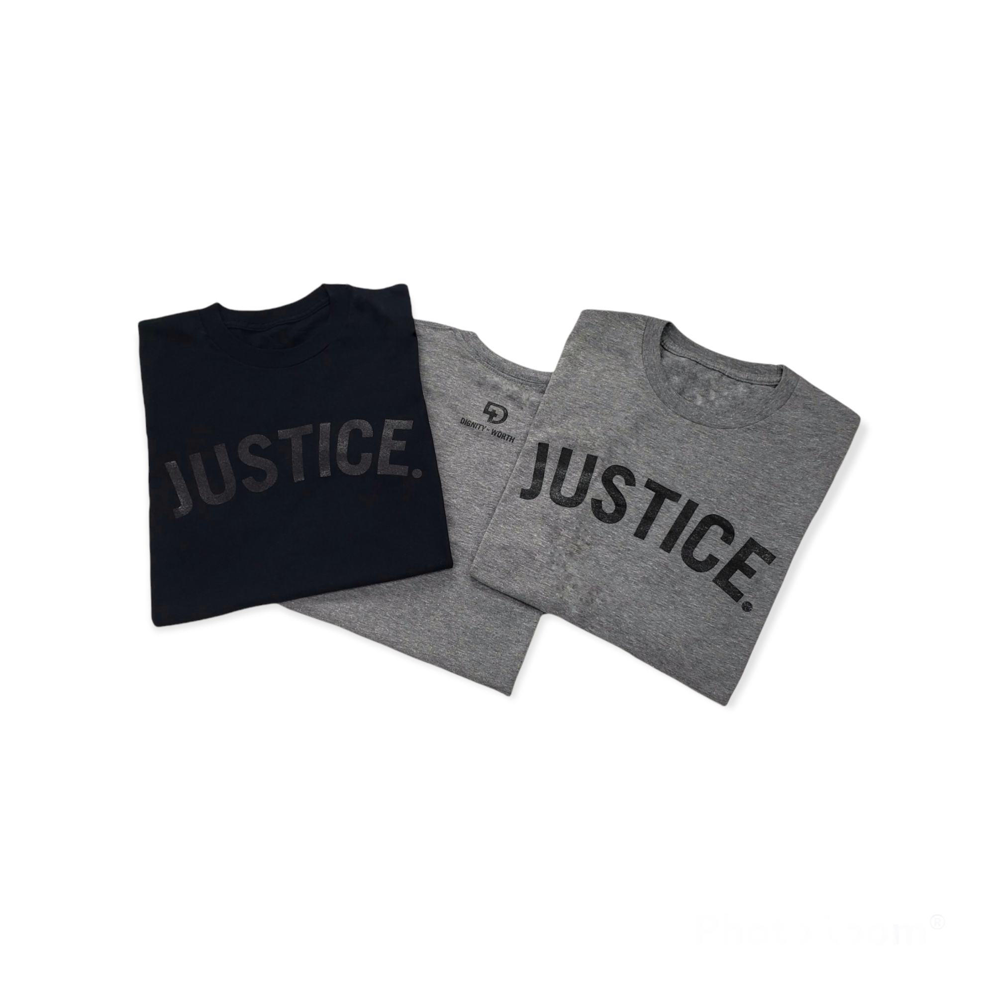 Justice shirts folded 2 heather grey and 1 black