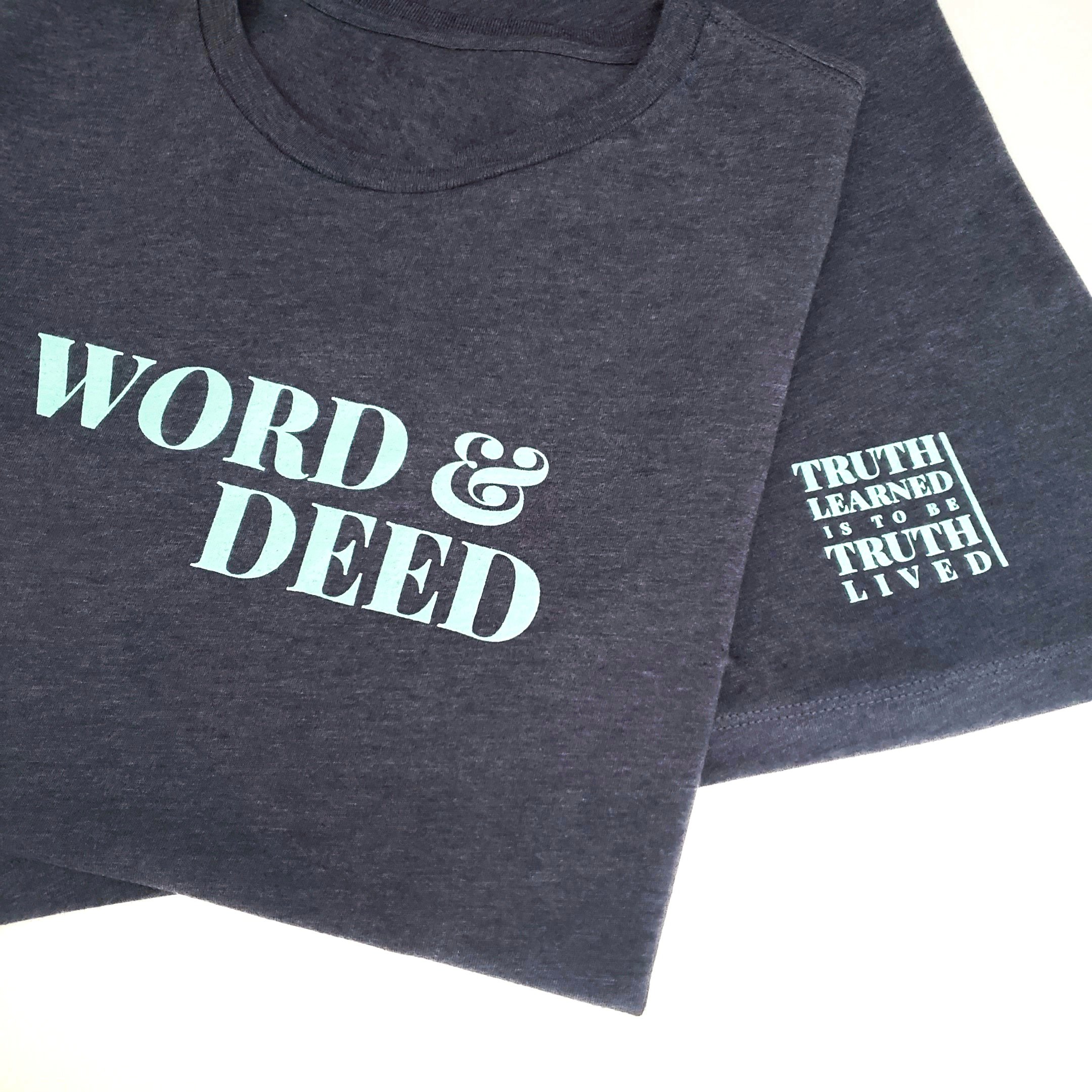 Close up of WORD & DEED Women's Heather Navy and Cool Mint Shirt Graphics