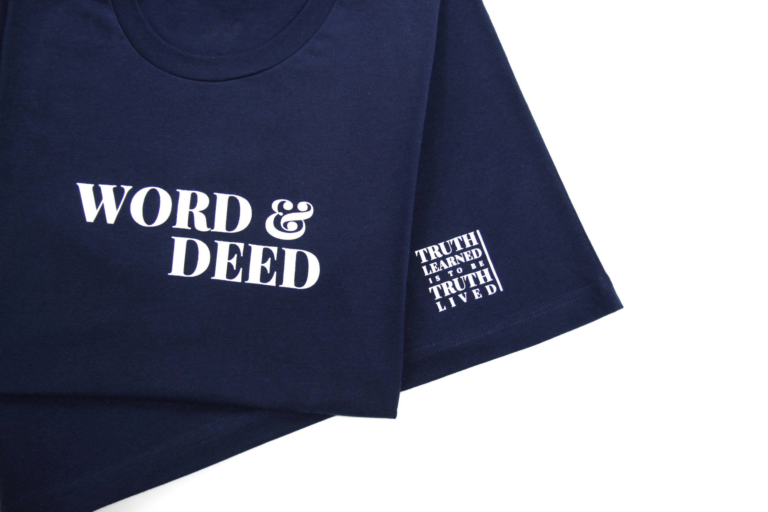 WORD & DEED UNISEX Midnight Blue Shirt Closeup Graphic Shot