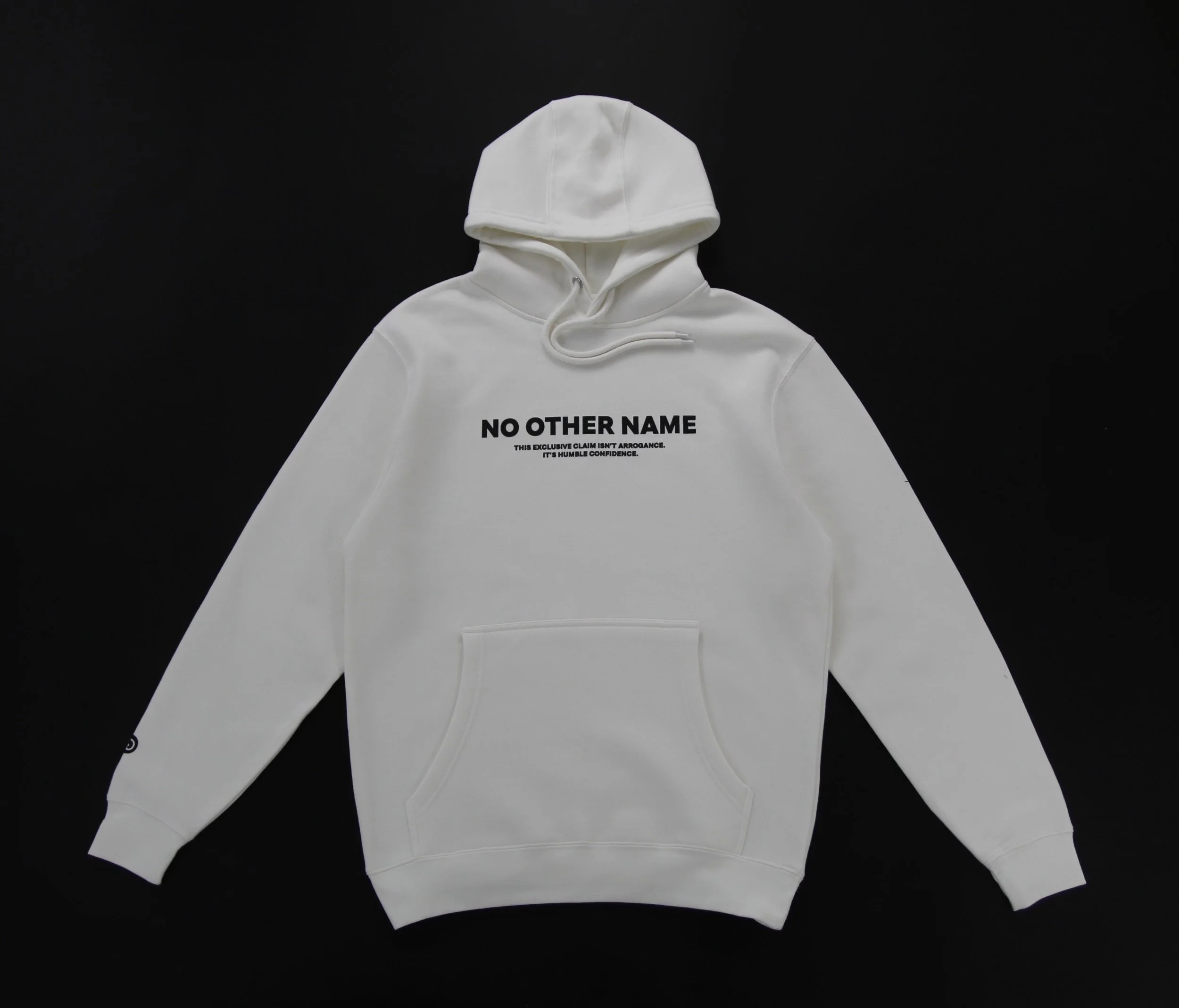 Off‑white Christian hoodie with NO OTHER NAME design — front view