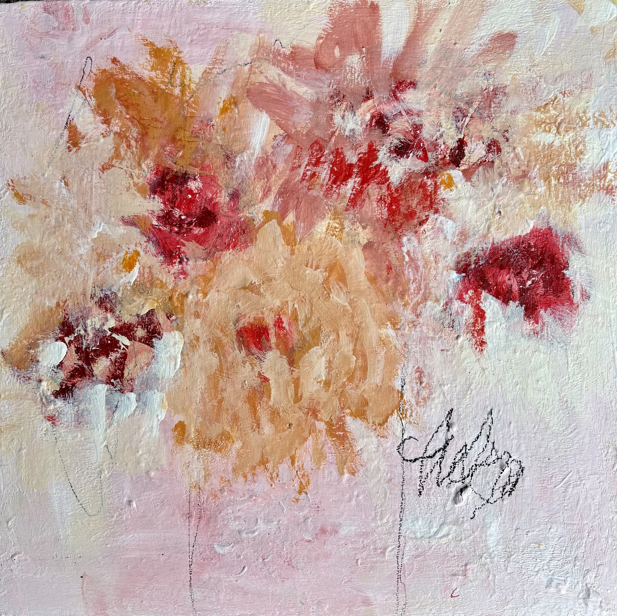 Soft morning blush was created after waking up very early and seeing the light play on a bouquet of flowers on my kitchen table.