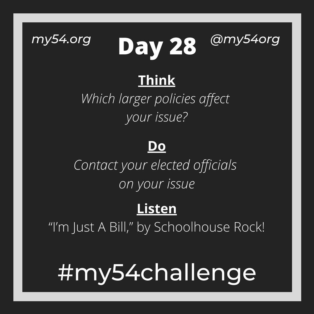 Day 28: Change can come from the grassroots level (like the #my54challenge!) But it also often needs to come from the top as well. Particularly during an election year, politicians are listening, so reach out to them and advocate for your missions an