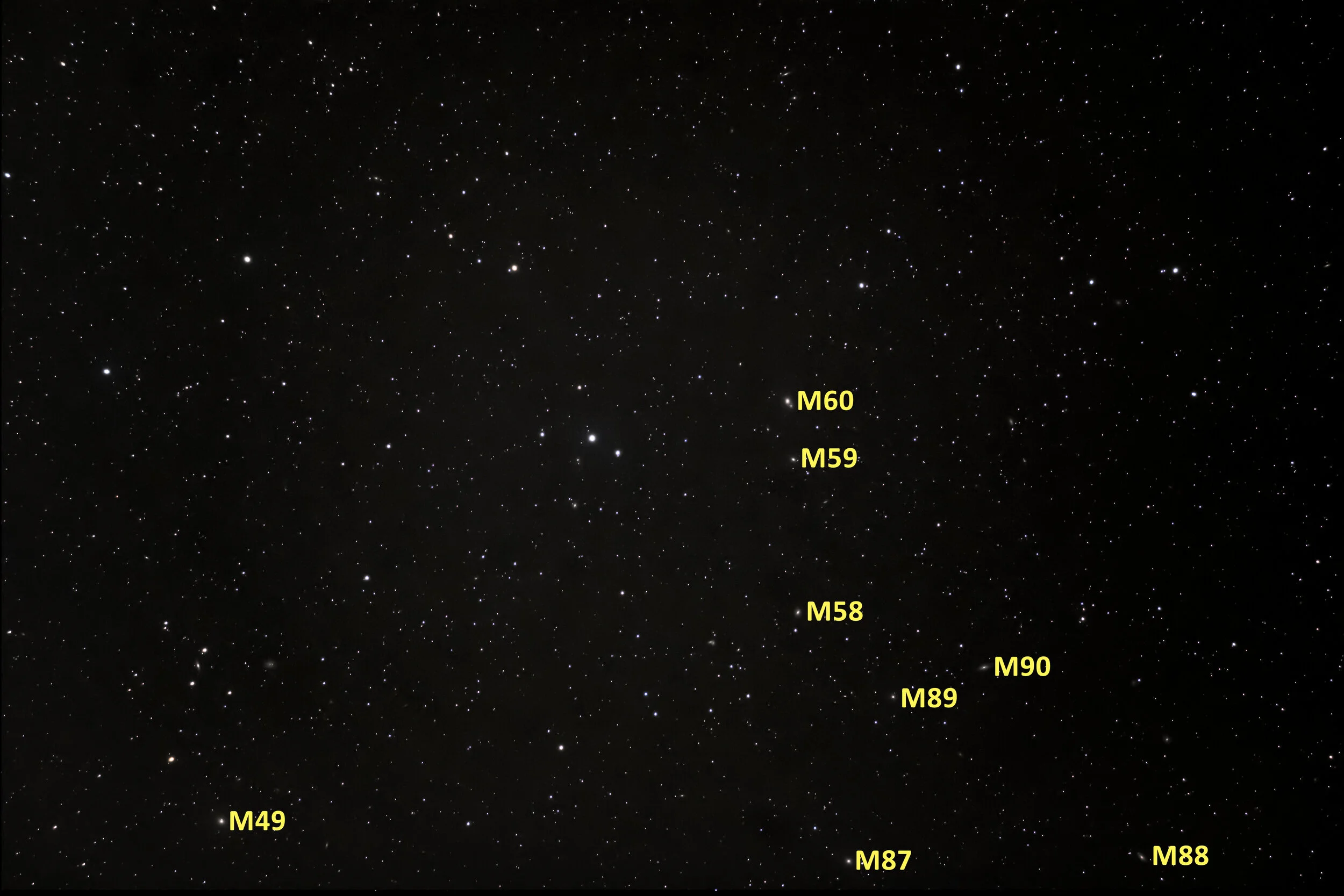 8 Messier Objects (galaxies) in one image (Labels are to the right of the object) 140mm focal length (210 FF equiv)