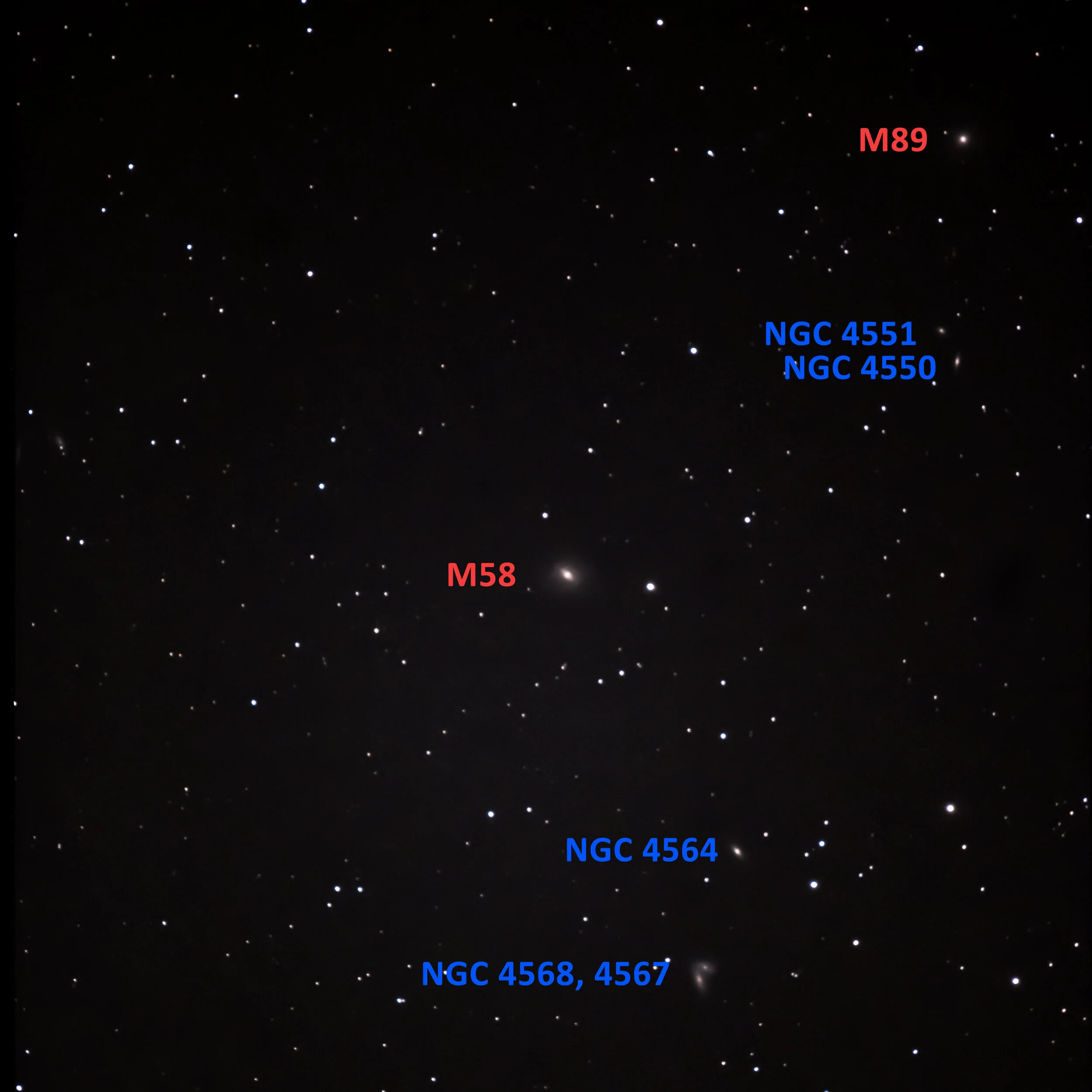 M58 with M89 and 5 NGC galaxies. If we could resolve more of the image we'd see at least a dozen more galaxies