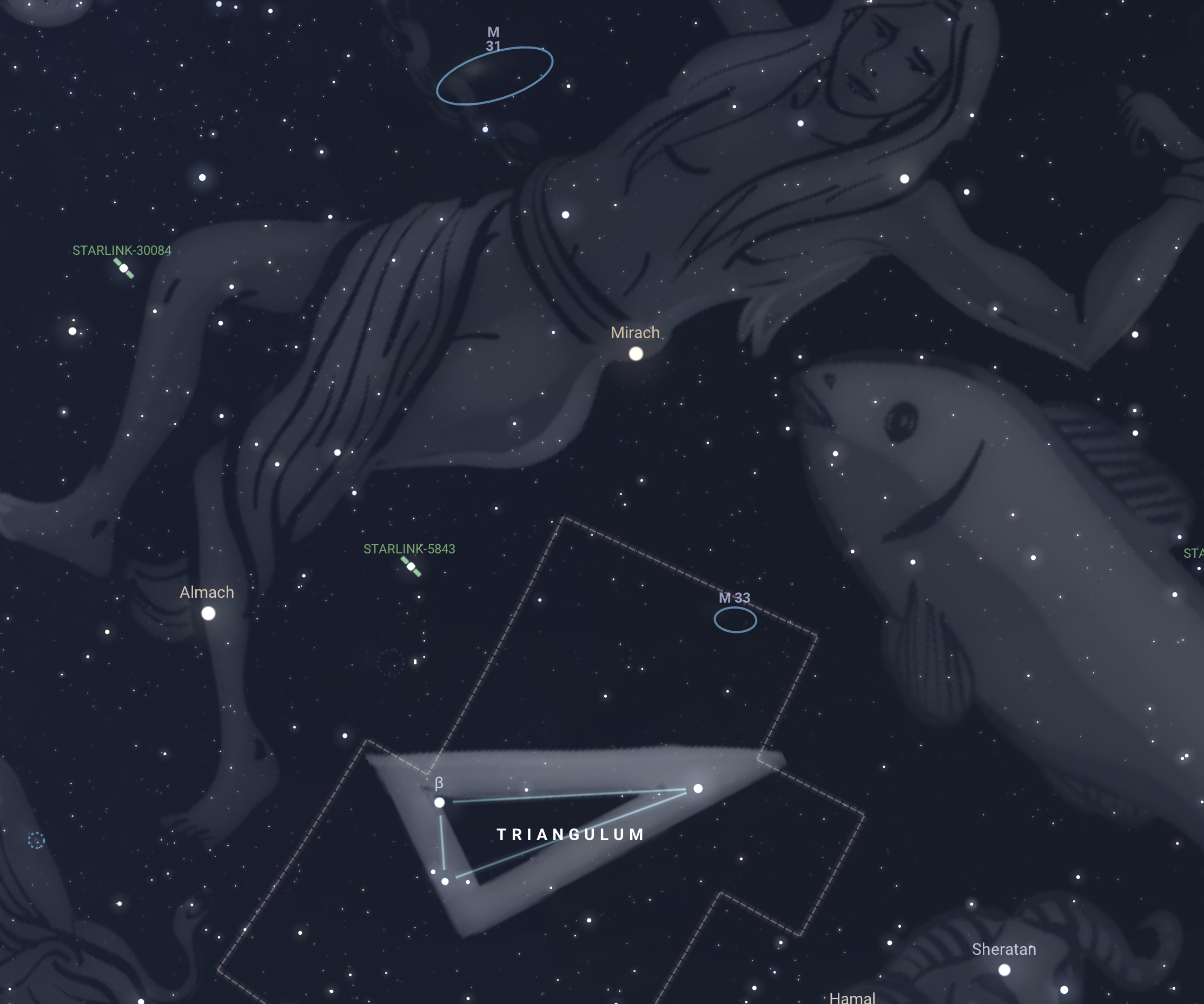 Triangulum Constellation with M33 and M31. Credit Stellarium