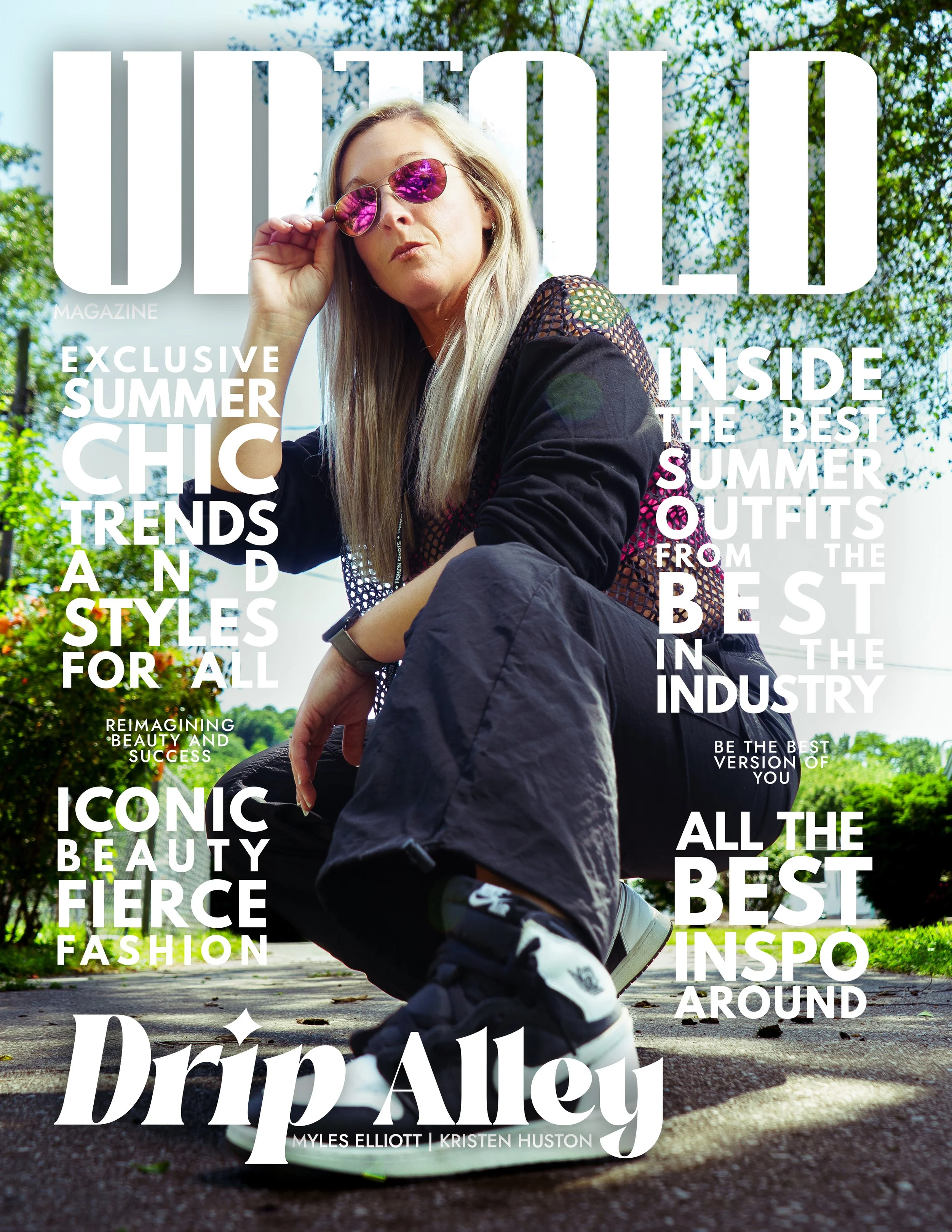 Woman wearing pink sunglasses and a black mesh jacket crouching outdoors on a sunny day, with trees and blue sky in the background, on the cover of Untold magazine.