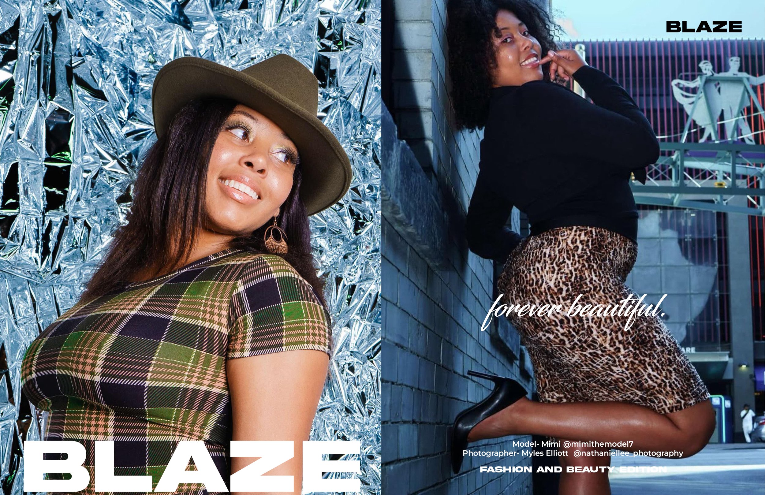 A two-page magazine spread featuring two women in stylish outfits. The left page shows a woman with long hair, wearing a wide-brimmed hat and a plaid dress, with a shiny, reflective background. The right page features a woman with curly hair in a bla