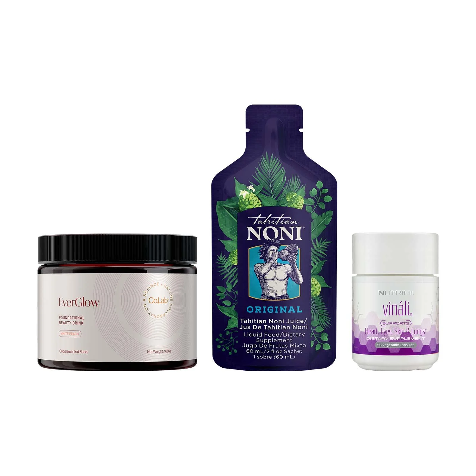 Three health supplements by Partner.Co as a pack.  EverGlow foundational beauty drink , Tahitian Noni juice in a pouches, and Vináli dietary supplement in a bottle.