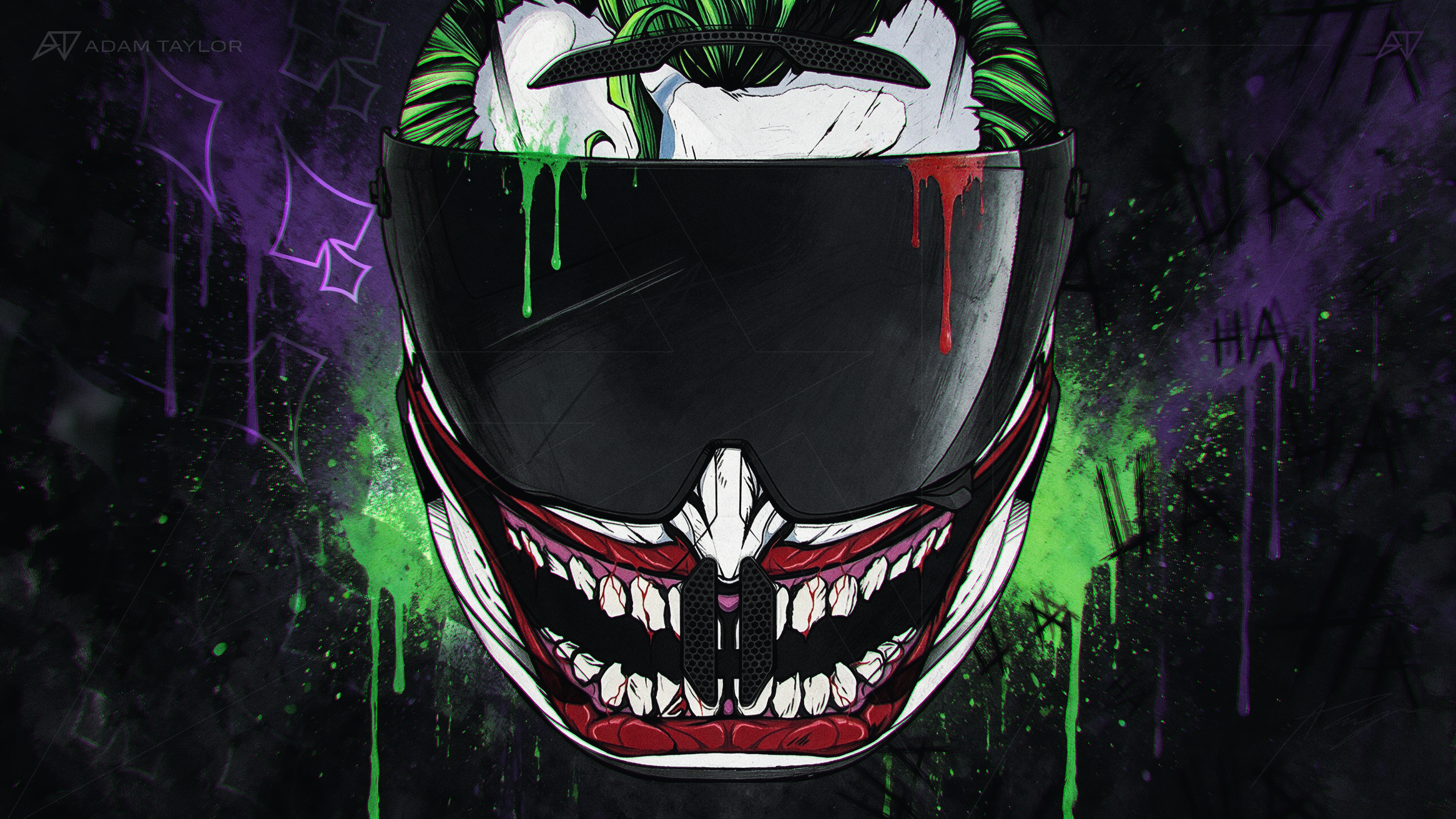 Ruroc Joker helmet design by Adam Taylor, Head of Design and Creative Director at Ruroc. Graphic concept art of the Joker inspired by The Joker comics and animations.