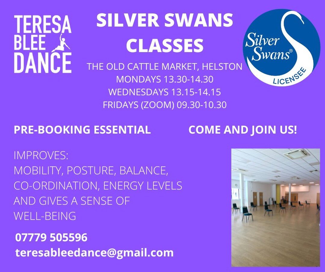 Our Silver Swans Ballet classes for the over 50's recommence next Monday 5 September.  If you'd like to improve your fitness and meet a lovely group of like minded people please come along and join us.  If you know of someone who'd like to do this, p