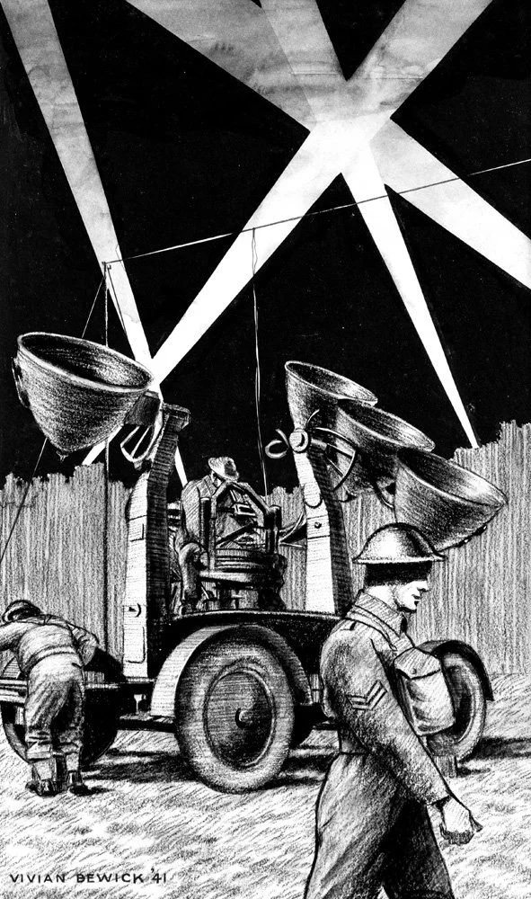A black and white drawing of a military scene with soldiers setting up loudspeakers and equipment, possibly during a wartime event, with large loudspeakers and antennas overhead.