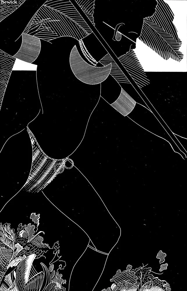 Silhouette of a Native American woman with traditional jewelry and feathers, holding a bow and arrow, surrounded by plants, depicted in black and white outline.