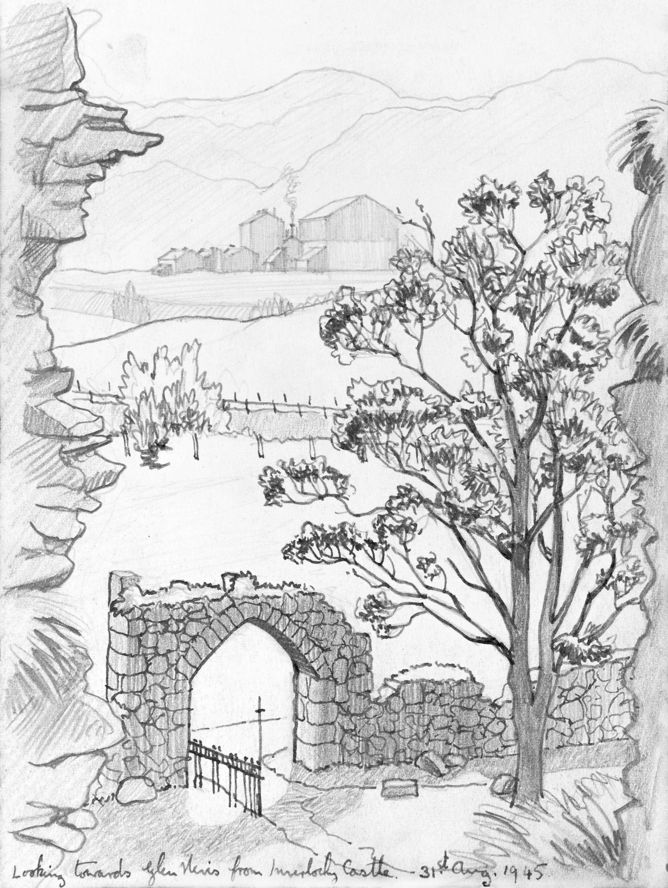 A black-and-white sketch of a landscape, depicting a scene from Moorlands Castle with trees, stone ruins, a distant farm with smoke rising from its chimney, and mountains or hills in the background.