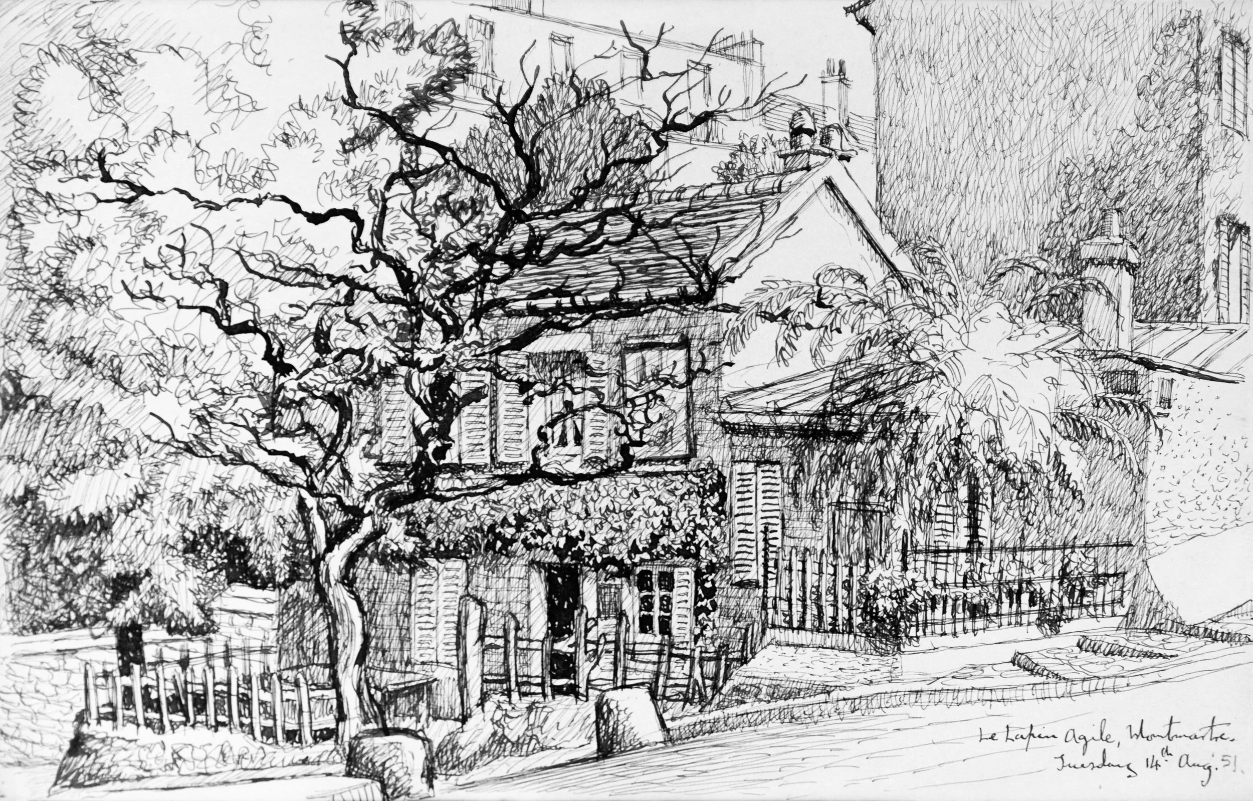 Hand-drawn sketch of a tree in front of a house with a fence, labeled 'Le Kapin Agile Montmartre' with a date of Tuesday, 14th August 1951.