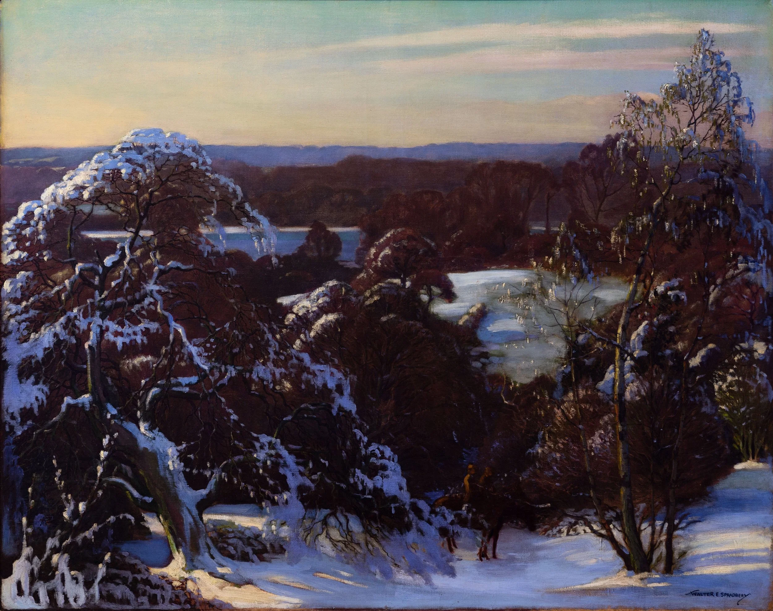 A winter landscape painting showing snow-covered trees and a frozen river under a colorful sky at sunset.