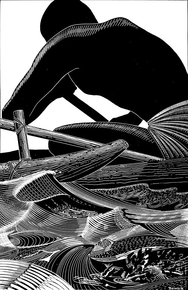 Silhouette image of a woman sitting on a boat, with a large wave or swirling water below her, created using black and white line art.