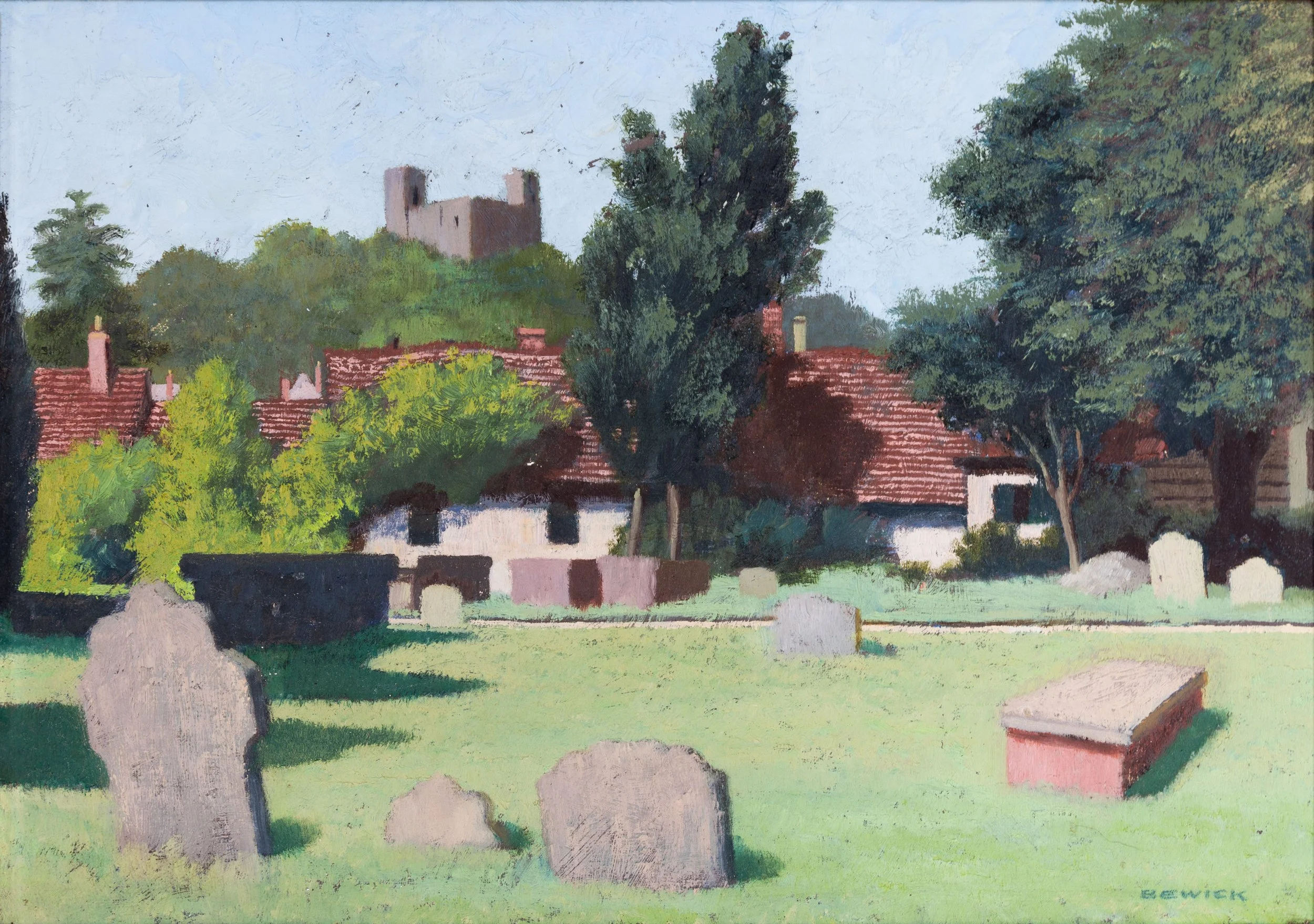 A landscape painting depicting green trees, rooftops, and a distant castle on a hill, with a grassy foreground.