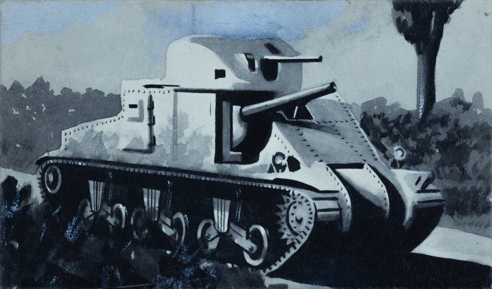 Black and white painting of a vintage tank with a long barrel, tracks, and a turret, surrounded by trees and foliage.