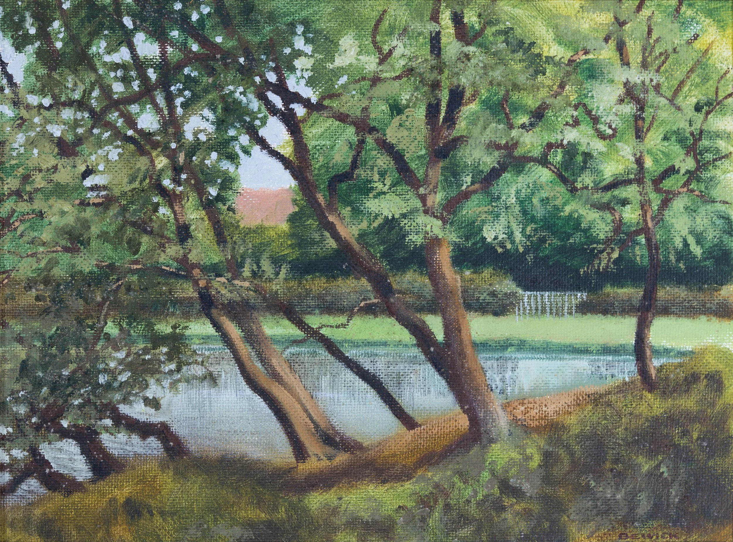 Painting of trees by a body of water, with green leaves and brown trunks.