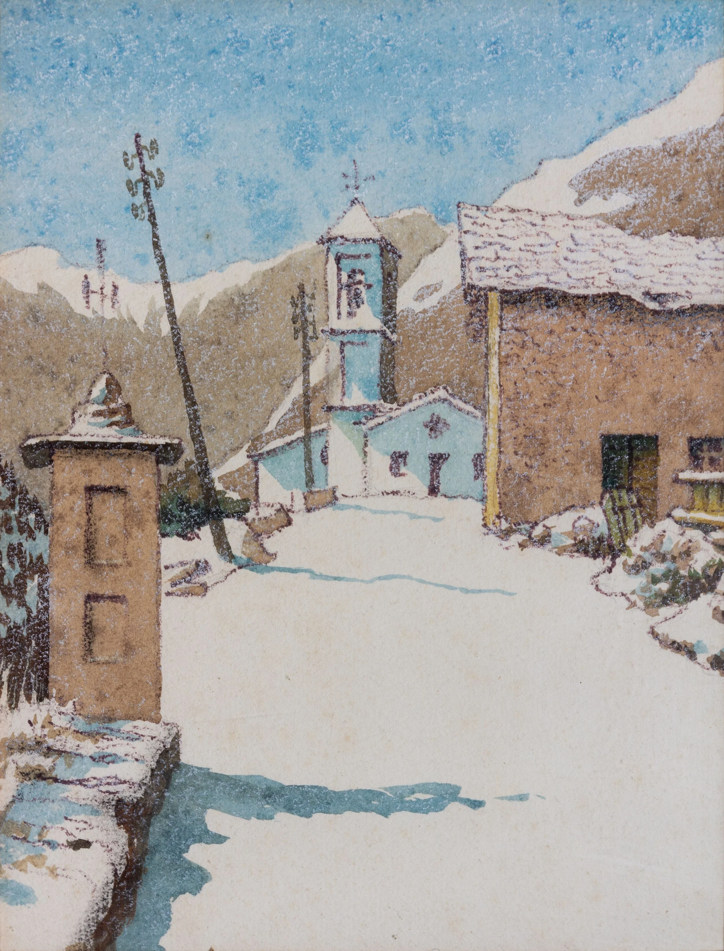 A watercolor painting depicting a mountain village scene. There are houses with sloped roofs, a church with a bell tower, a utility pole, and snow-capped mountains in the background. The colors are soft and muted, with blue, brown, and white tones.