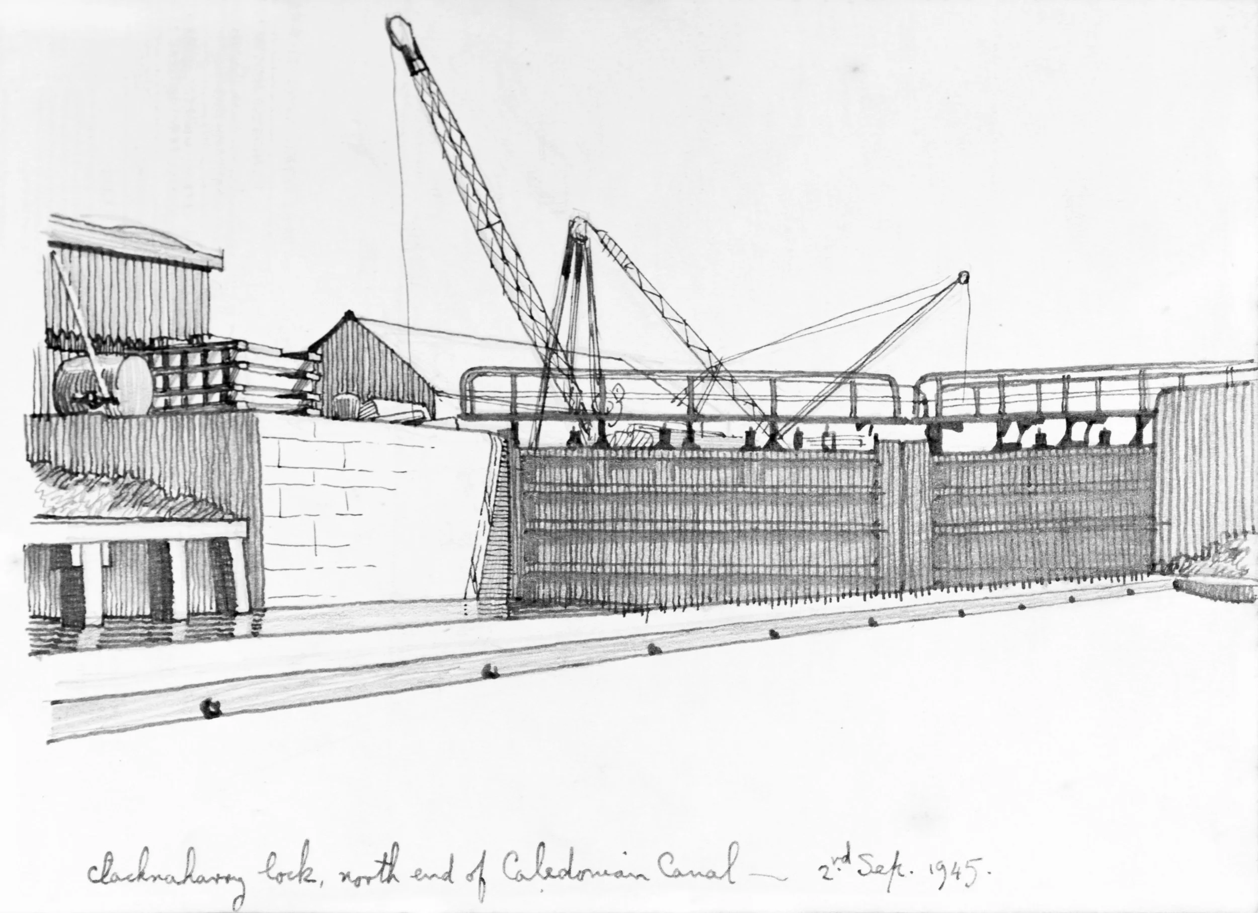 Detailed black and white sketch of the Clacknarrin Lock on the north end of the Calderonian Canal, dated September 2, 1945.