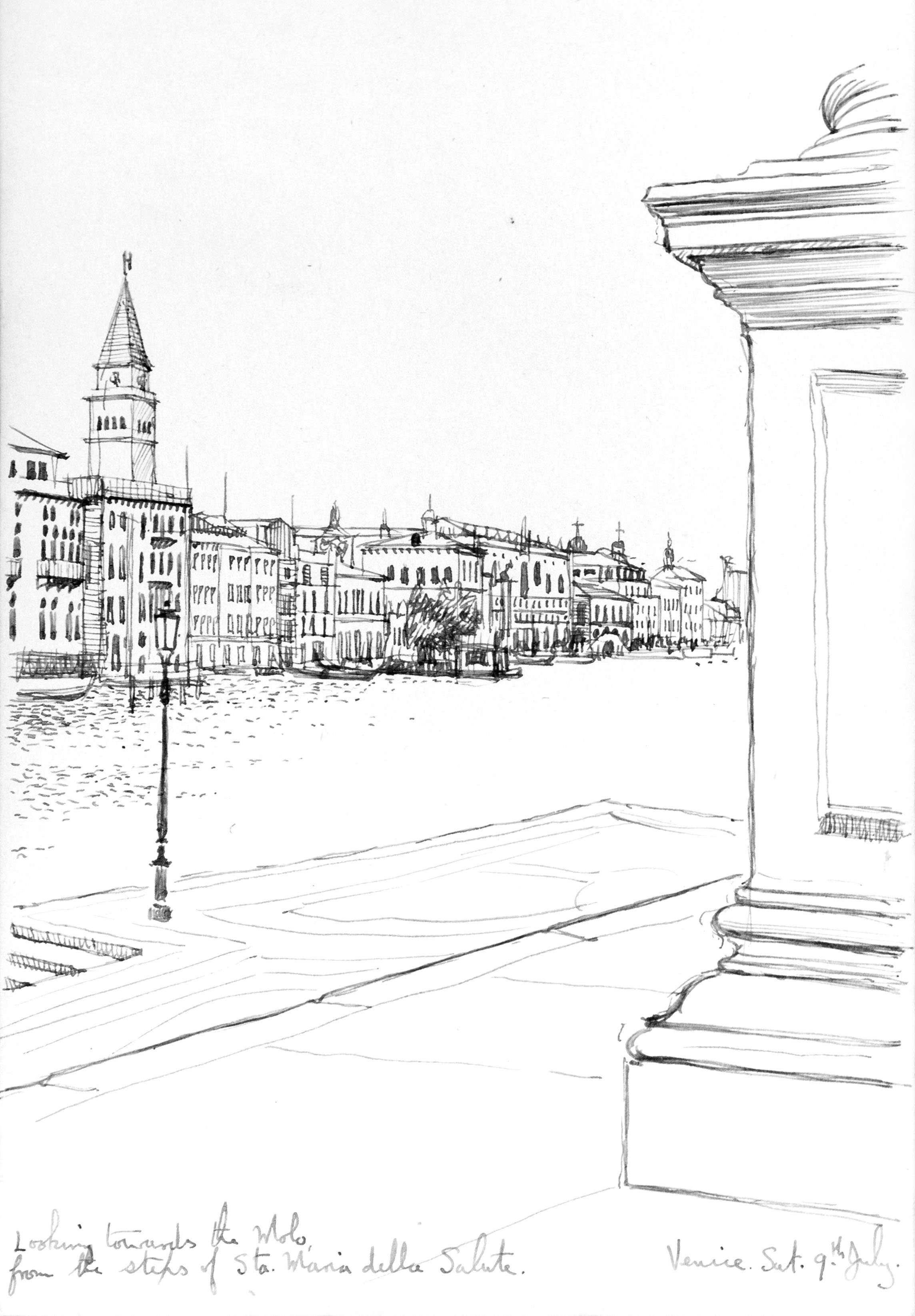 A black and white sketch of Venetian buildings along a canal, with a tall tower on the left, viewed from a balcony or window.