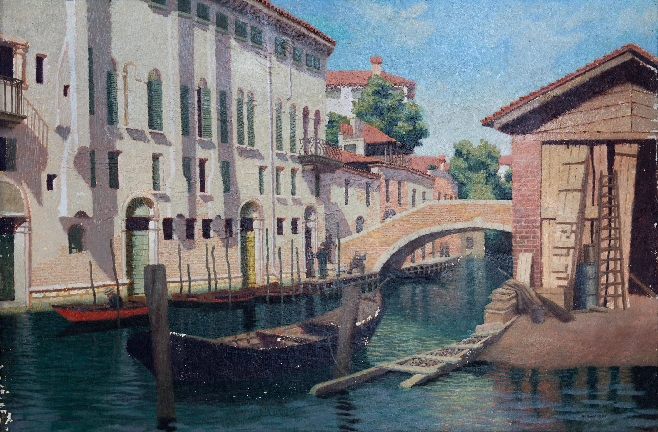 Painting of a canal scene with buildings, a bridge, and boats, in an impressionist style.