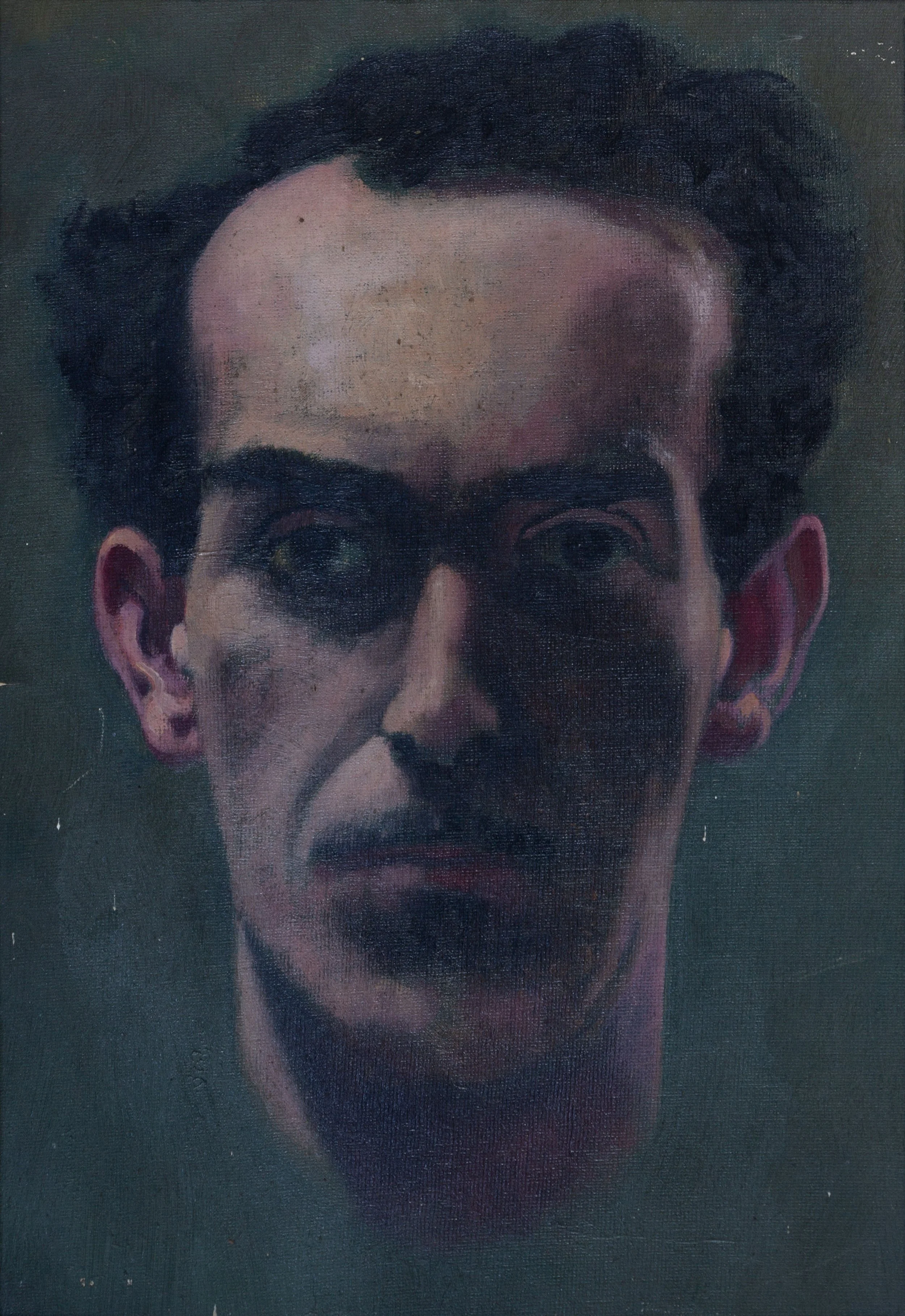 A portrait of a man with dark, curly hair, dark eyes, a mustache, and a goatee, with a serious expression, painted in a realistic style.
