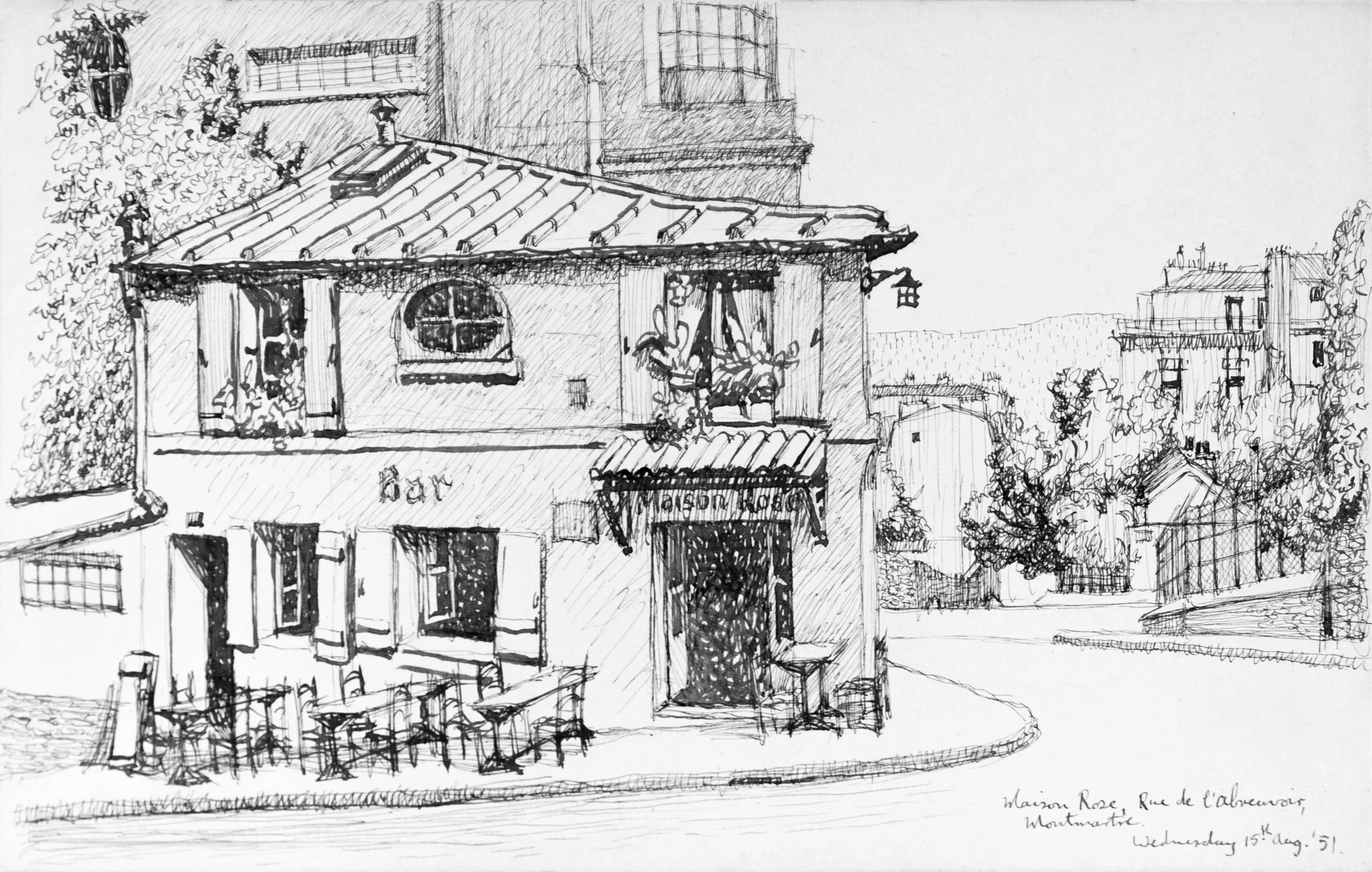 A detailed black and white sketch of a building, possibly a cafe or bar, with a sign on the front. The scene includes a tree on the left and some neighboring buildings and structures in the background. There is some handwritten text at the bottom ind