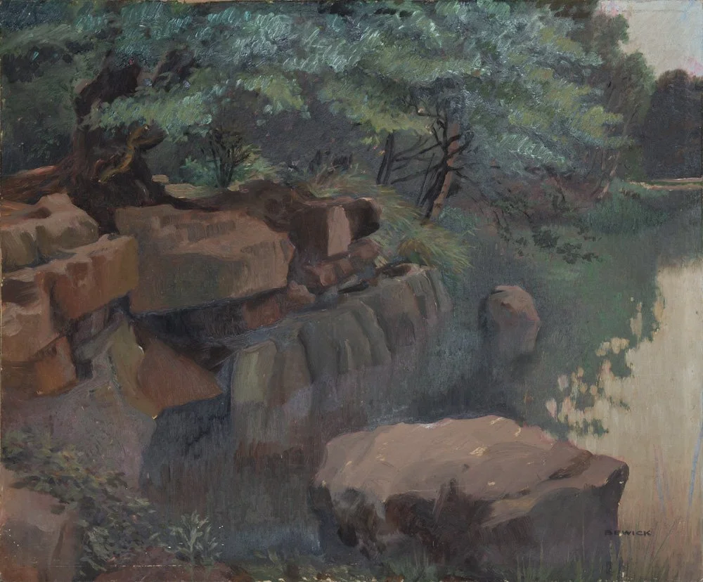 A landscape painting of a creek with rocks and trees, with green foliage and water reflecting the surroundings.