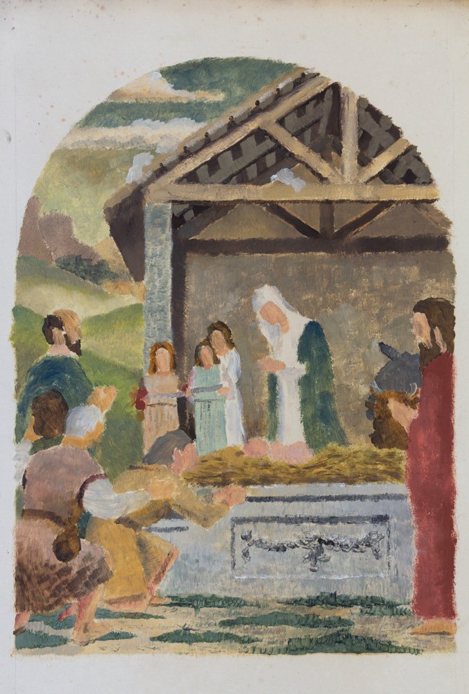 A watercolor painting of a nativity scene with Mary, Joseph, baby Jesus, the three wise men, and shepherds in a rustic stable setting, with a background of green hills.
