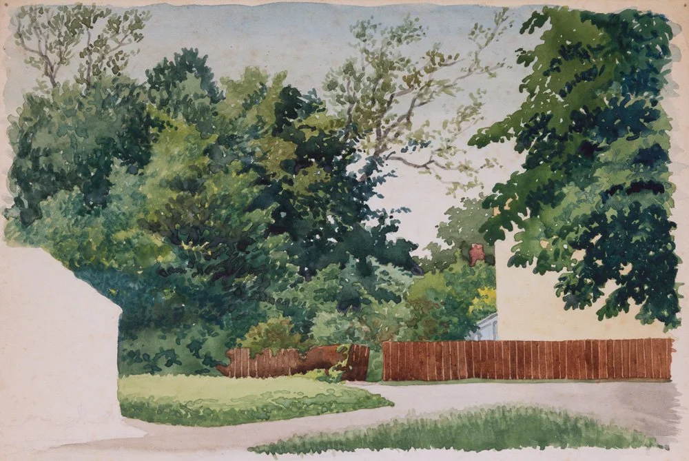 Watercolor painting of a suburban backyard with green trees, a brown wooden fence, and a house partially visible on the right.