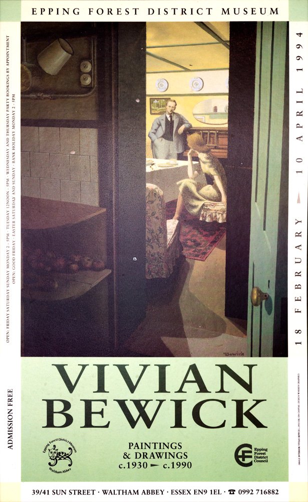Exhibition poster for Vivian Bewick paintings and drawings, dated February 18 to April 10, 1994, at the Epping Forest District Museum in Waltham Abbey, Essex.