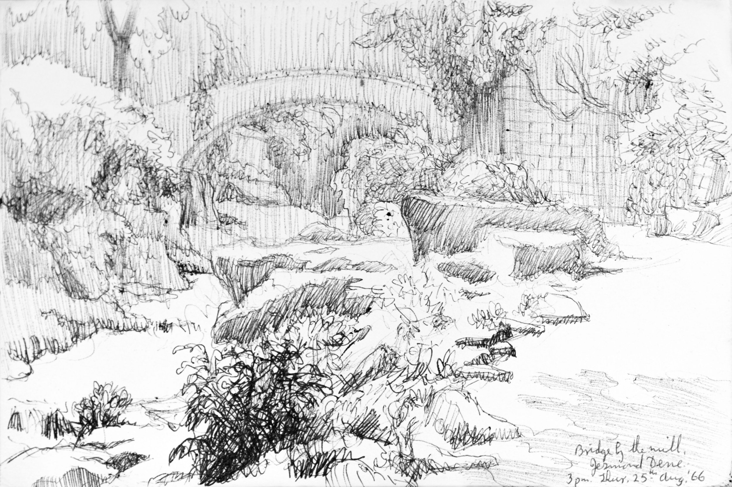 A detailed black and white sketch of a natural scene with trees, bushes, and a bridge over a river, with handwritten notes and date in the lower right corner.