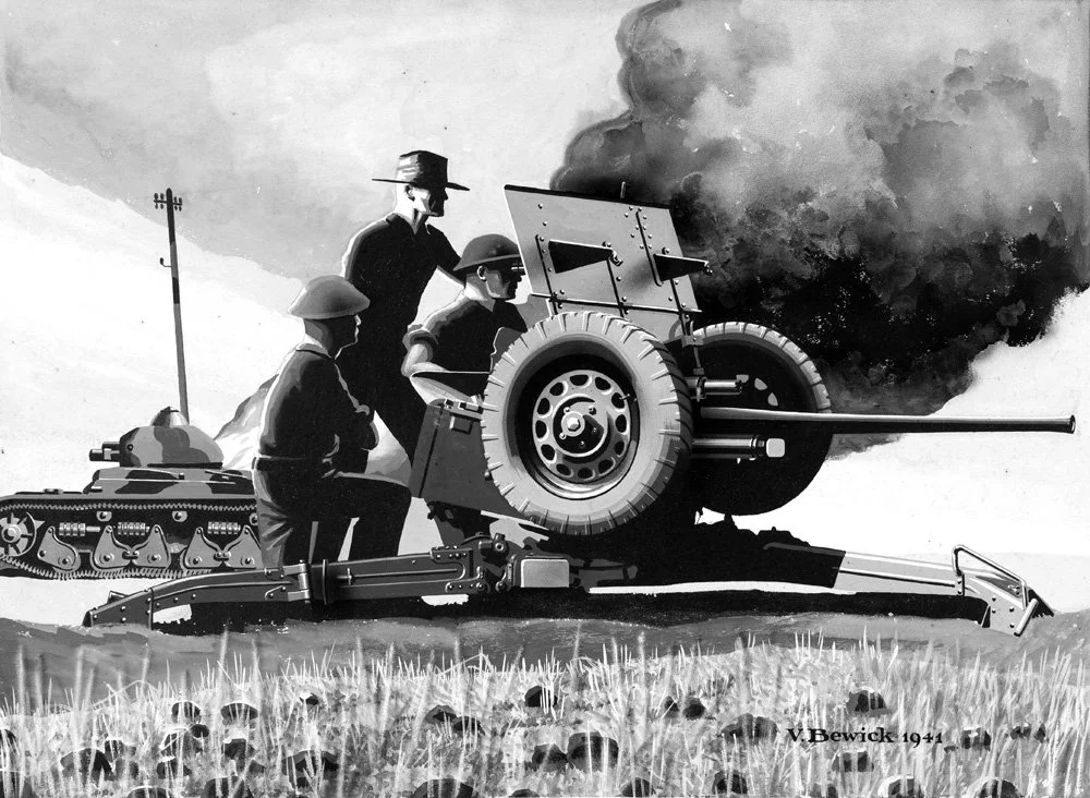 Black-and-white illustration of soldiers operating an artillery gun during World War II, with military tanks and helmets visible in a field.