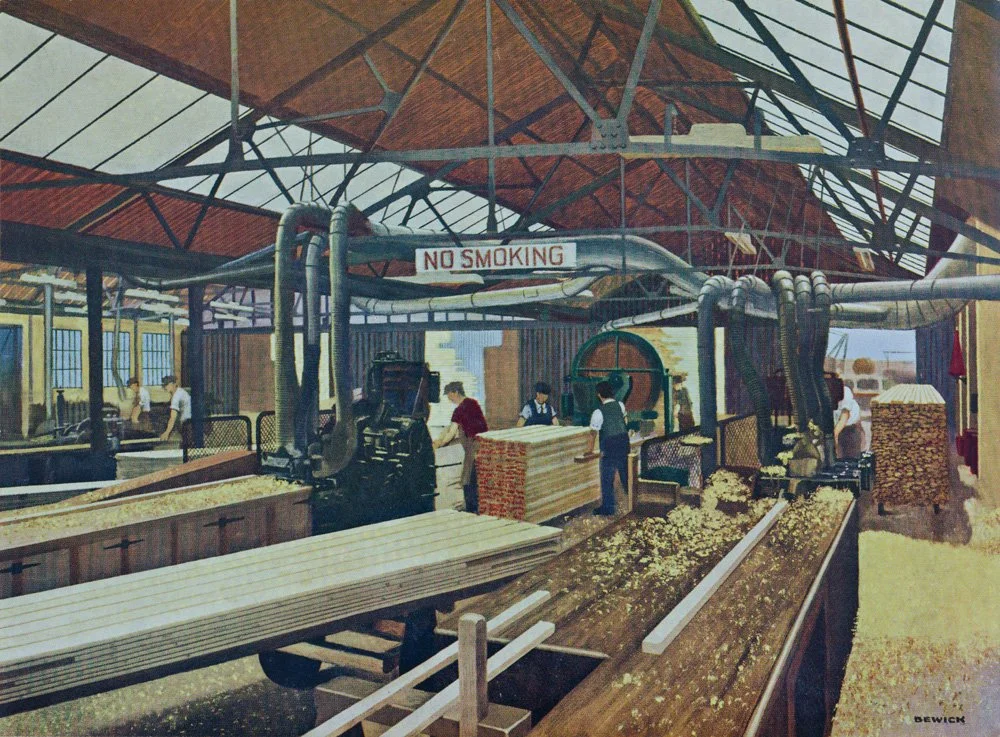 A sawmill with workers processing lumber, large logs on conveyor belts, and a sign that says 'No Smoking' hanging from pipes.