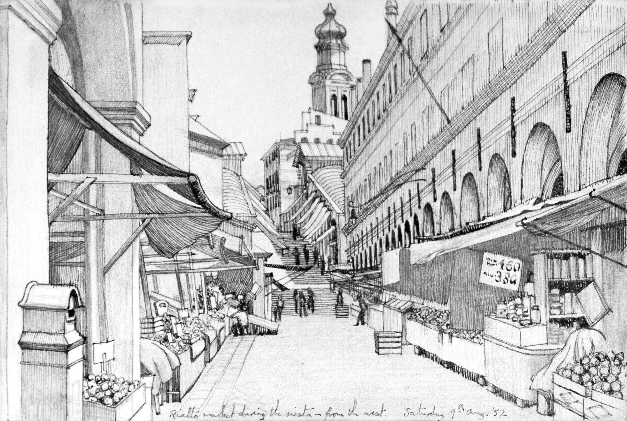 A pencil sketch of an outdoor market street scene during the festival from the west on August 9th, 1952, with multilevel buildings, market stalls, people walking, awnings, and a church tower in the background.