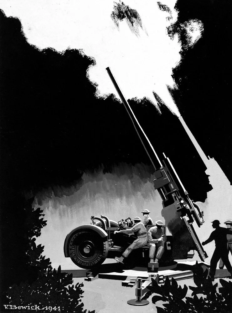 Black and white vintage illustration of soldiers operating a large artillery cannon outdoors, surrounded by trees and smoke.