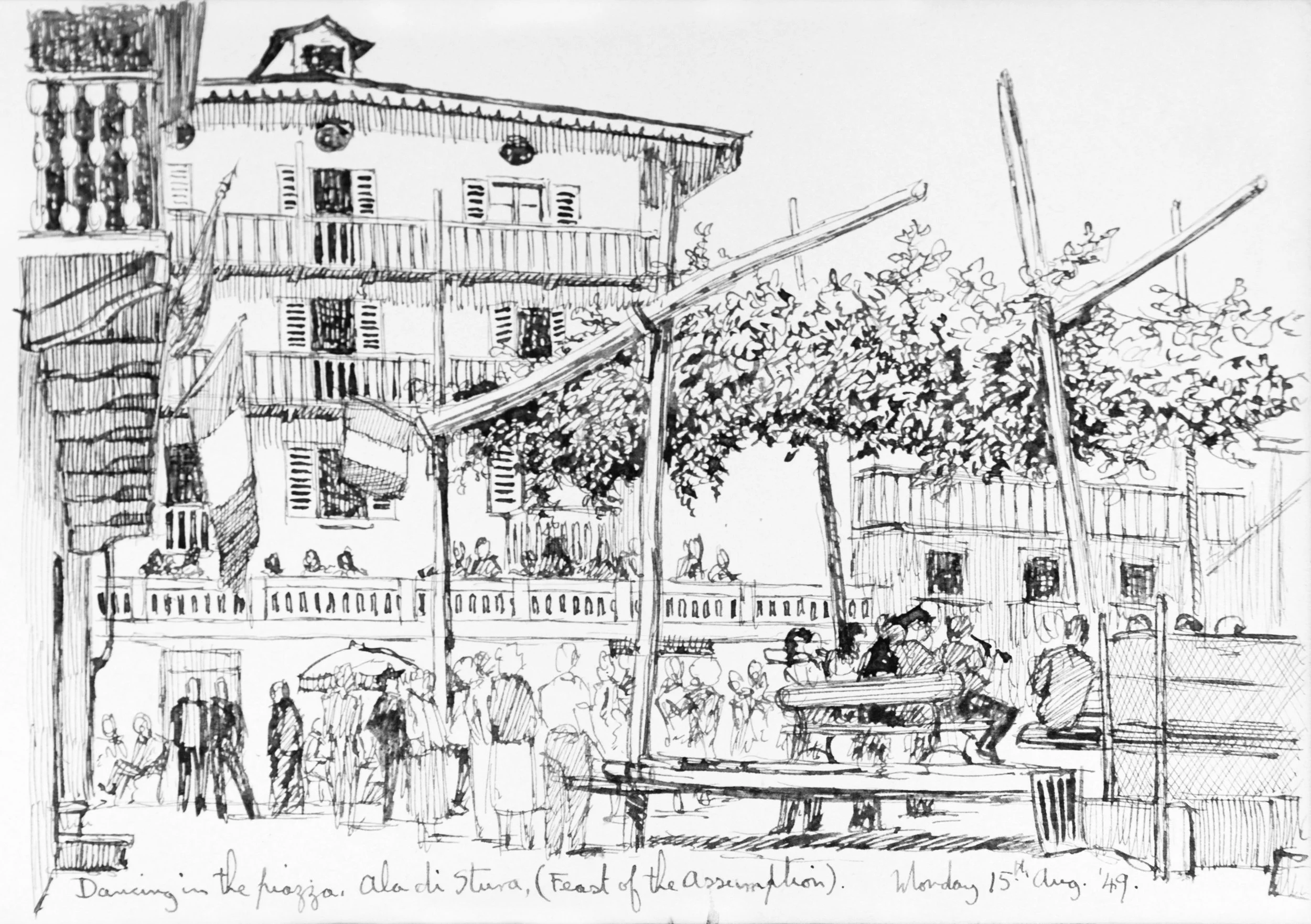 A black and white sketch of a multi-story building with balconies and open windows, surrounded by trees and people walking in the foreground.