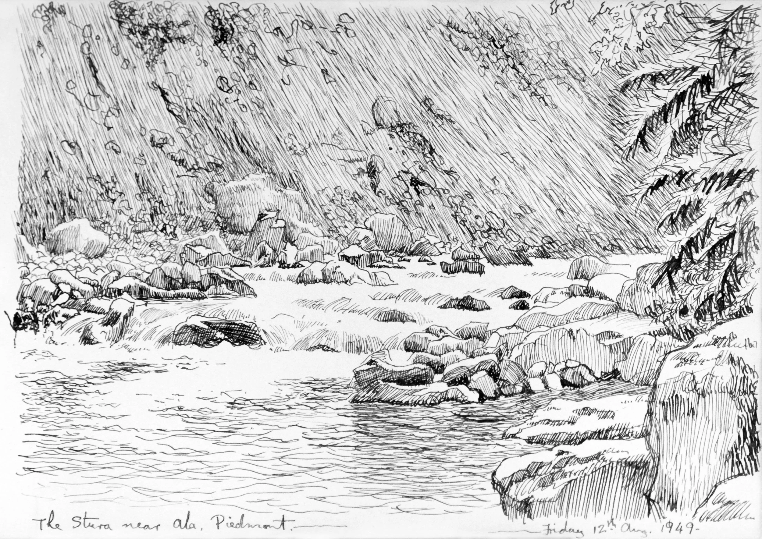 A detailed black-and-white drawing of a rocky riverbank with trees and rocks, with handwritten notes at the bottom indicating it is "The strea near ala, Piedmont." The drawing is signed and dated Friday, August 12th, 1949.