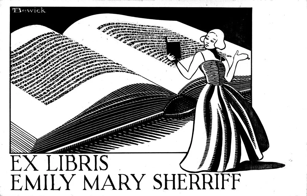 A woman in a striped dress holding a book, standing in front of large open books with binding details, for an ex libris bookplate designed by Bewick, with the text "EX LIBRIS EMILY MARY SHERRIFF" at the bottom.