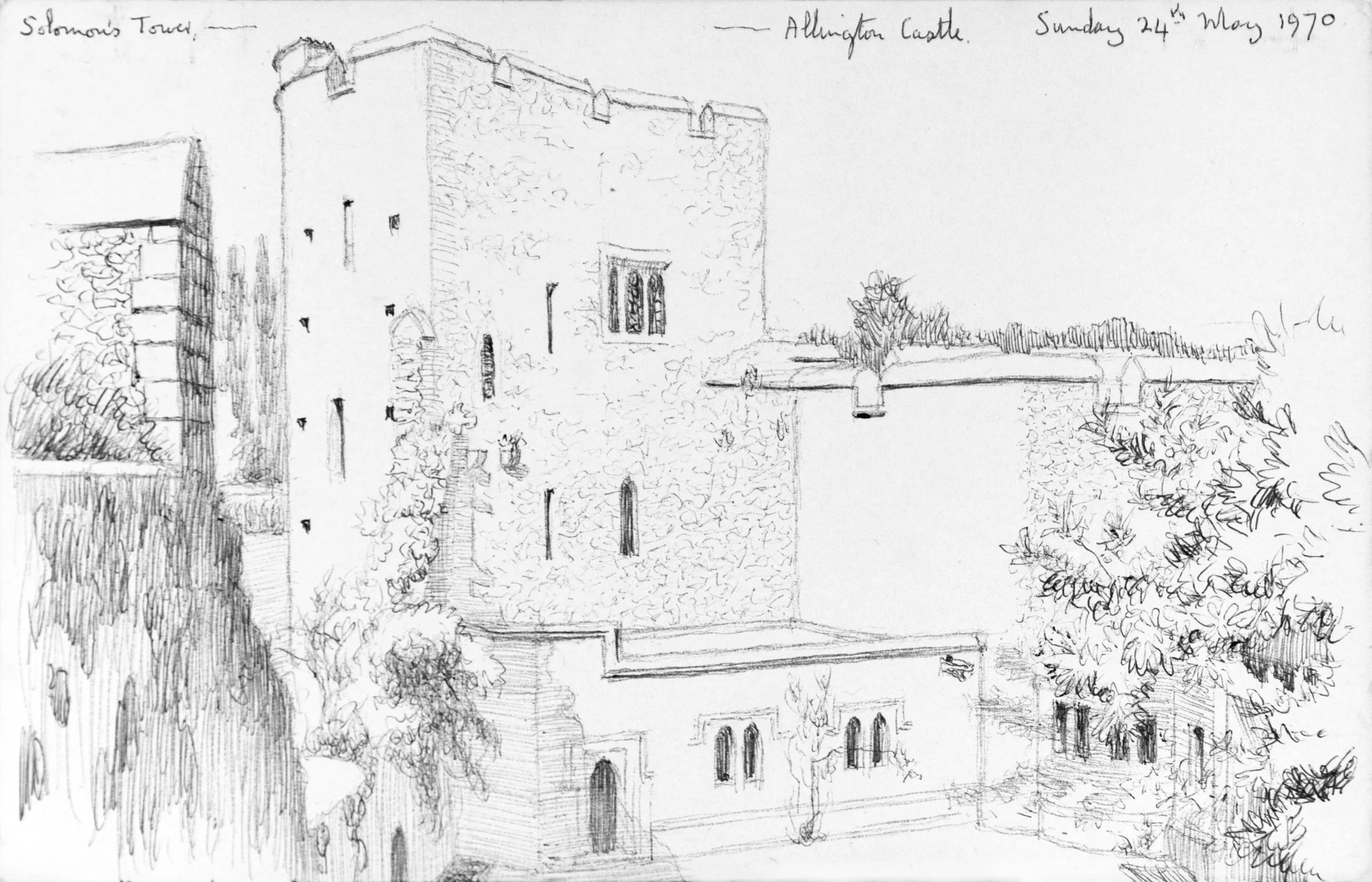 Sketch of Allington Castle with surrounding trees, labeled as part of Solomon's Tower, dated Sunday 24th May 1970.